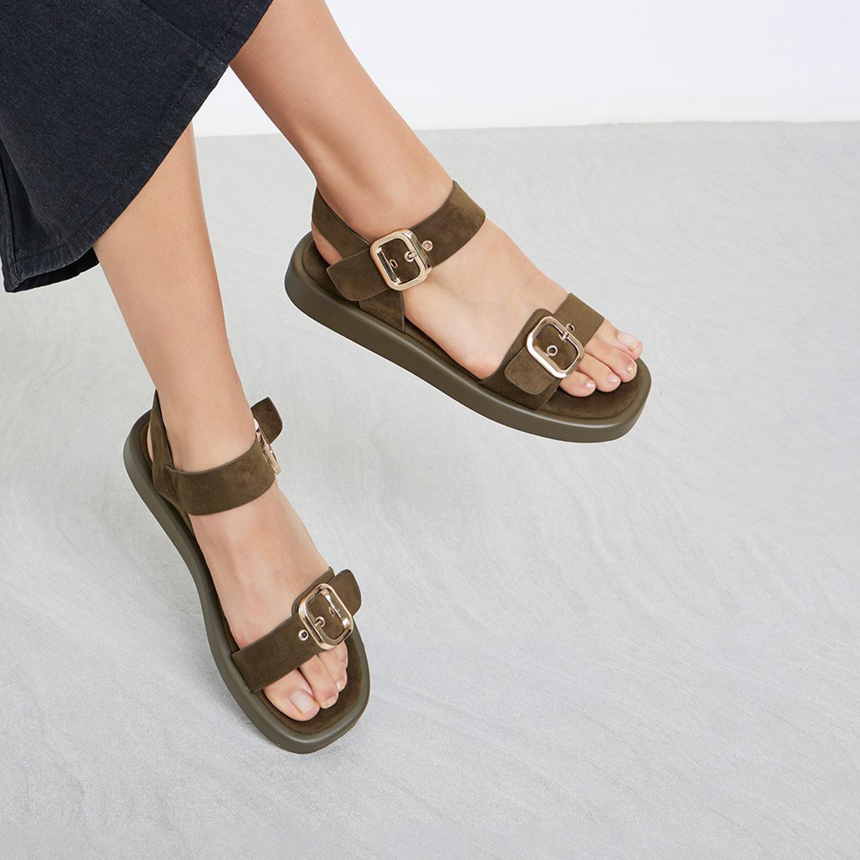 Styli Women Brown Suede Flat Sandals-women-shoes-sandals-flats-image-2