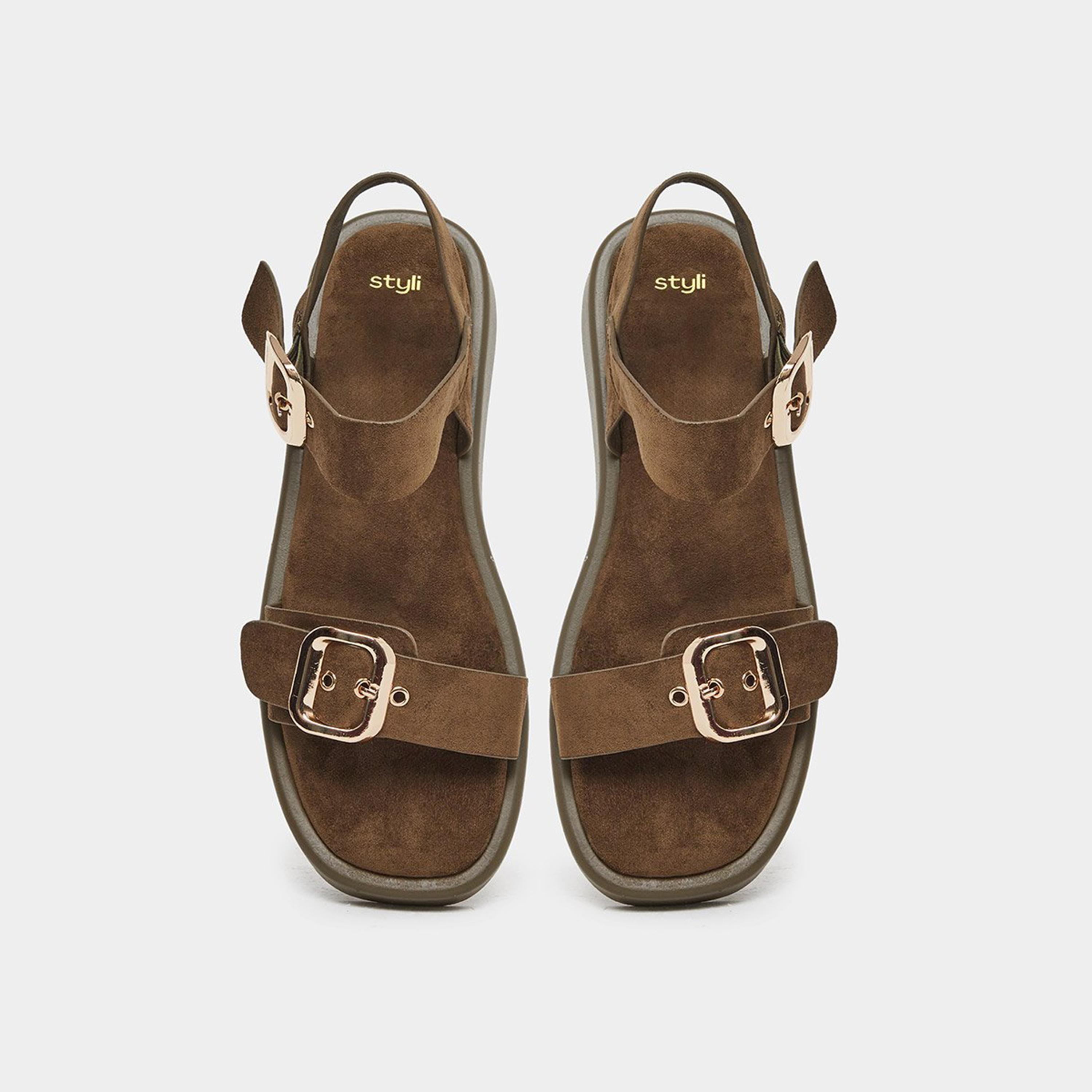 ستايلي - صندل مسطح من جلد سويد مدبوغ لون بني-women-shoes-sandals-flats-image-6