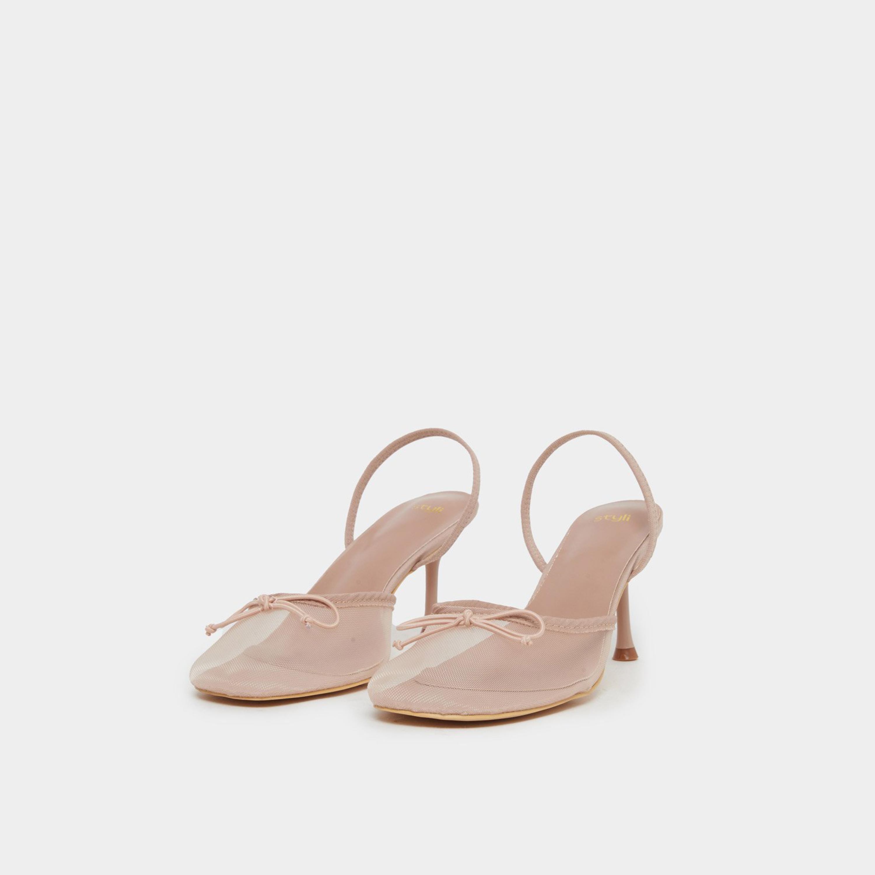 ستايلي - حذاء بكعب ستيليتو مفتوح من الخلف وشبكي لون بيج-women-shoes-heels-image-1