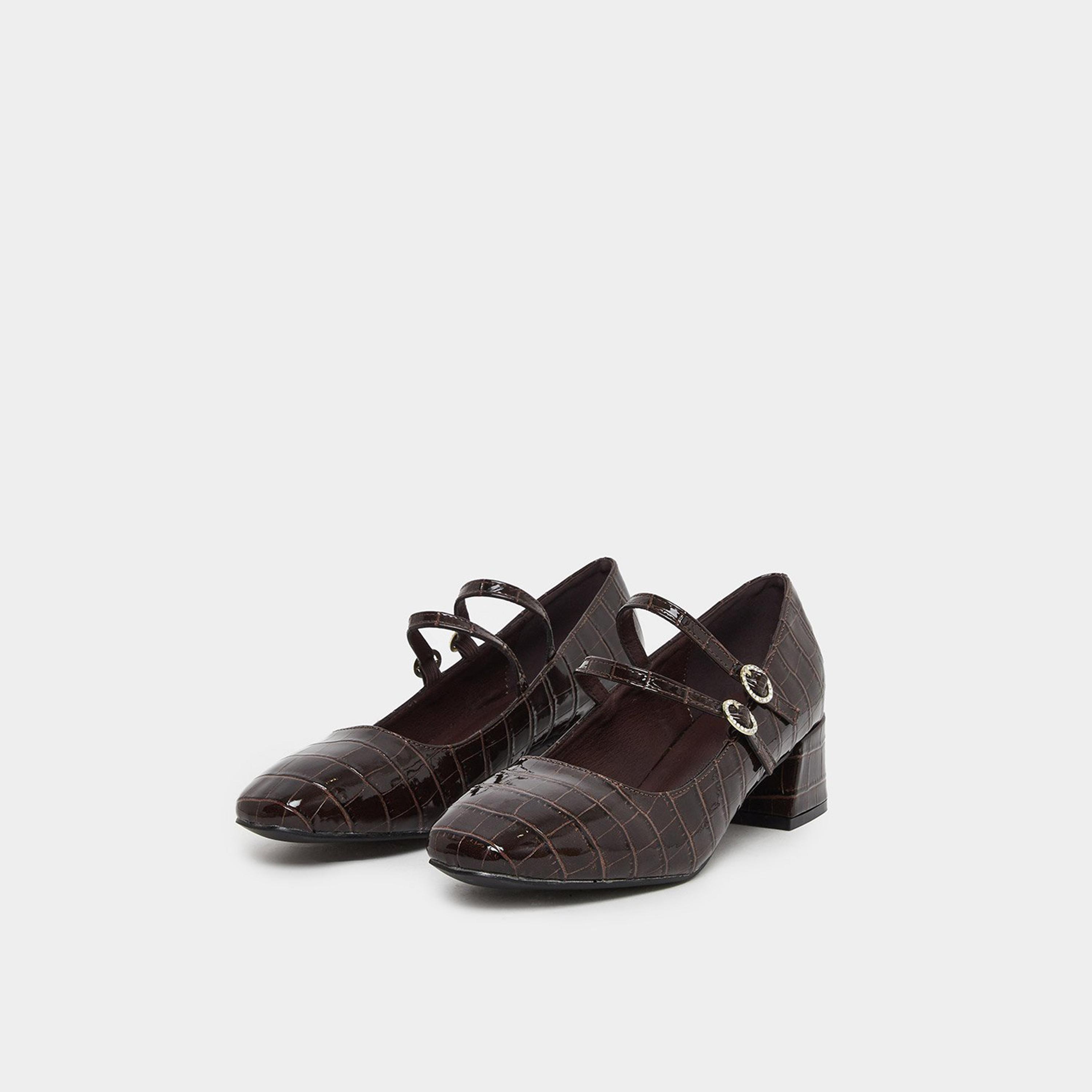 Styli Women Coffee Brown Croc-Effect Mary Jane Shoes-women-shoes-heels-image-1