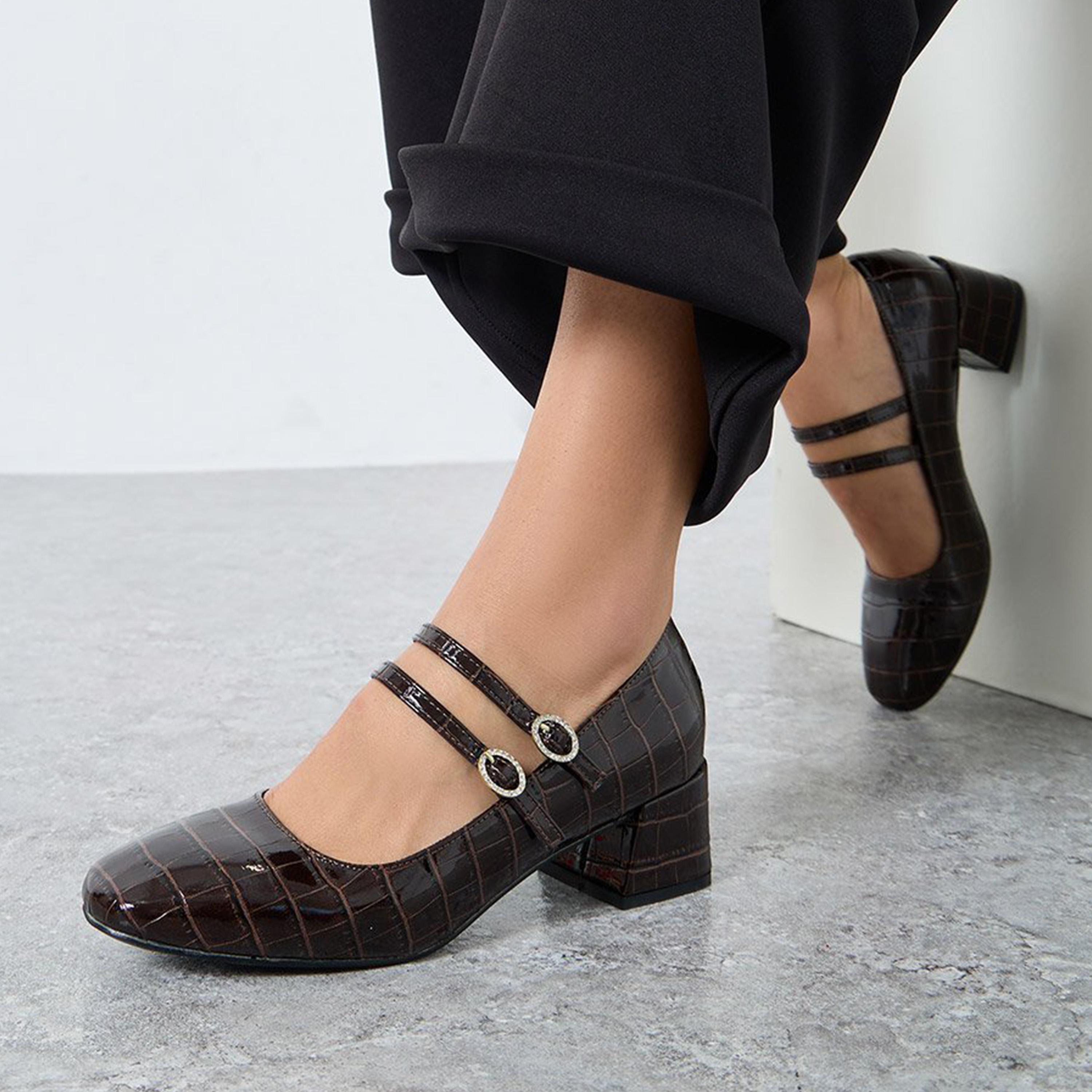 Styli Women Coffee Brown Croc-Effect Mary Jane Shoes-women-shoes-heels-image-2