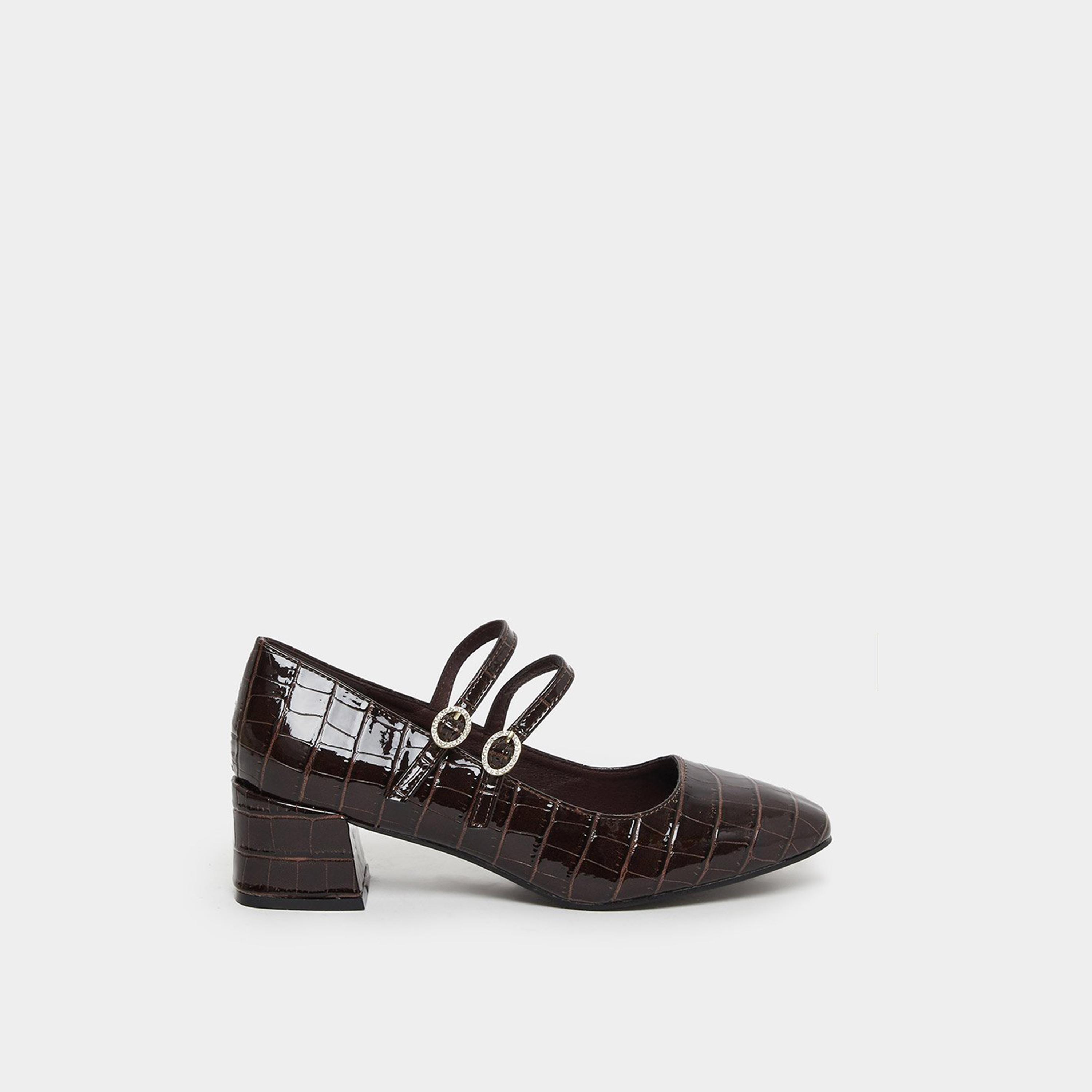 Styli Women Coffee Brown Croc-Effect Mary Jane Shoes-women-shoes-heels-image-3