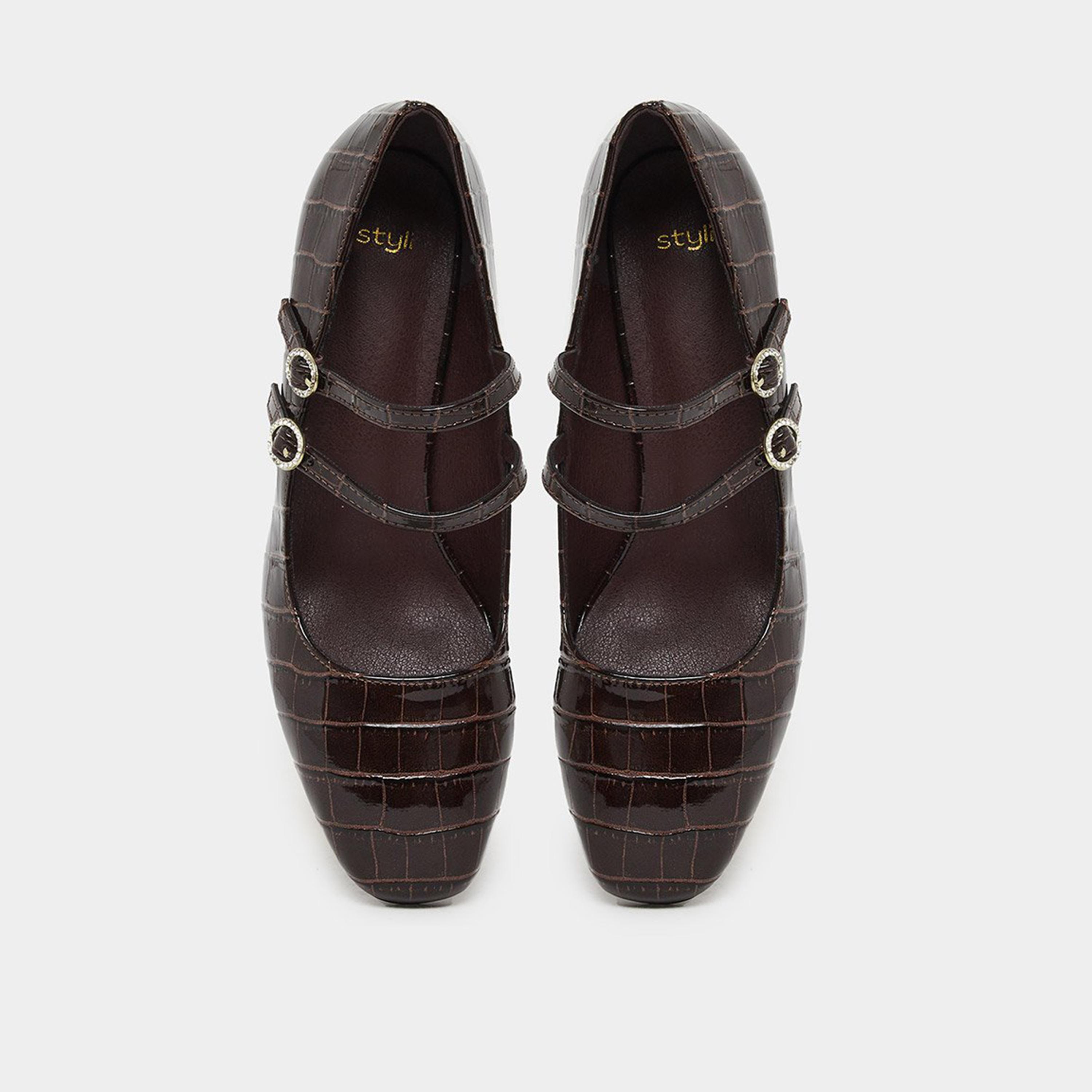 Styli Women Coffee Brown Croc-Effect Mary Jane Shoes-women-shoes-heels-image-6