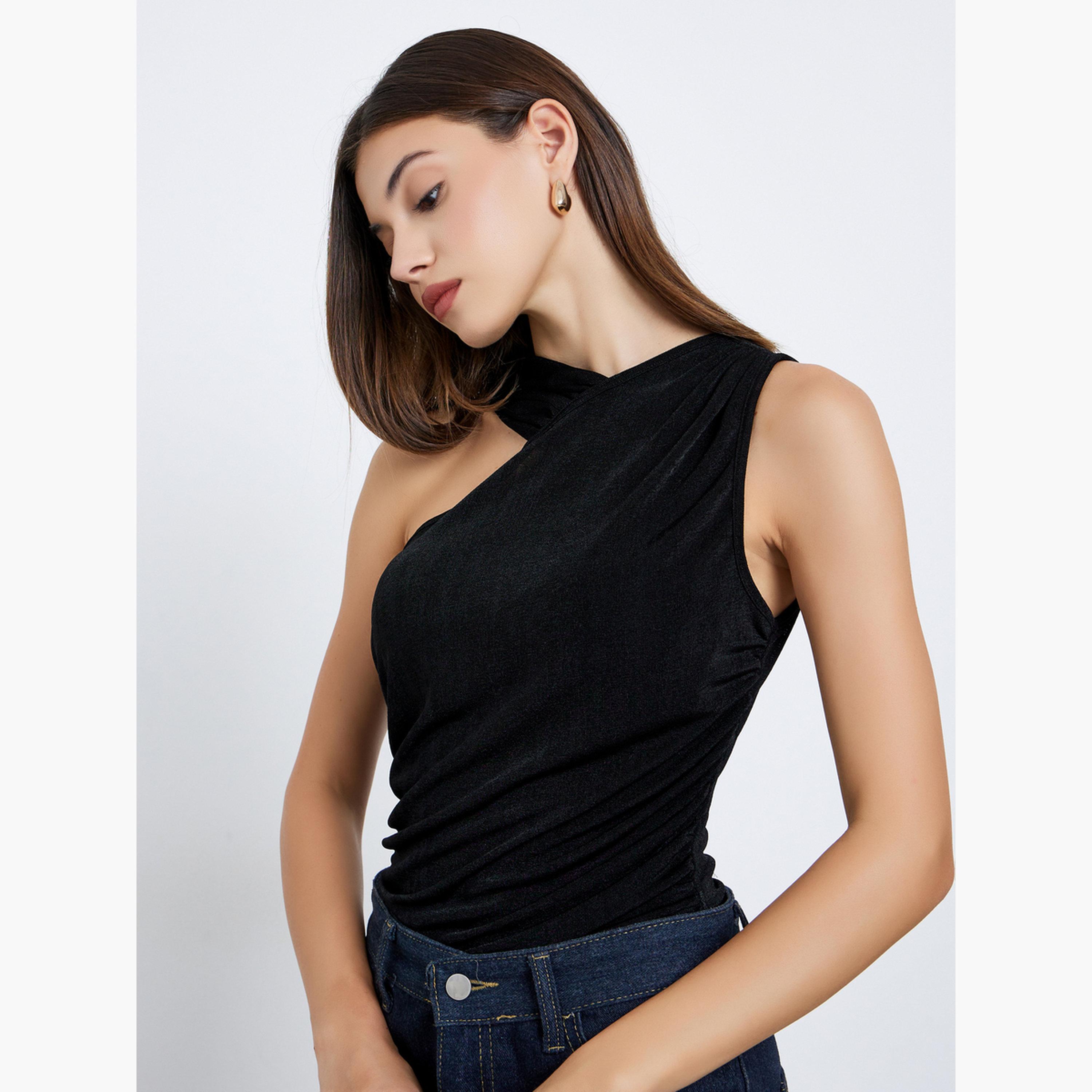 Styli Black Textured Sleeveless Bodysuit-women-clothing-tshirts-image-3