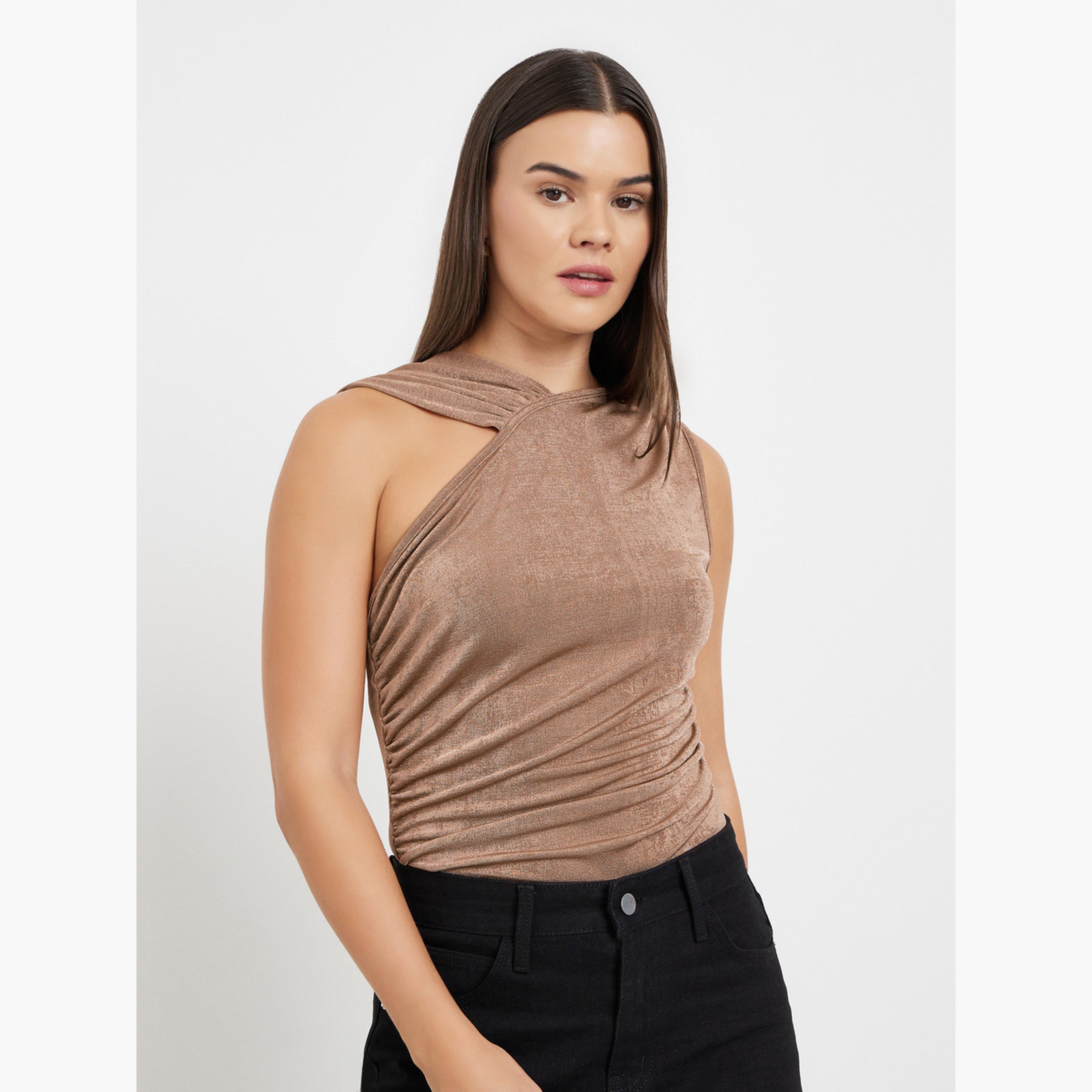 Styli Brown Textured Sleeveless Bodysuit-women-clothing-tshirts-image-3