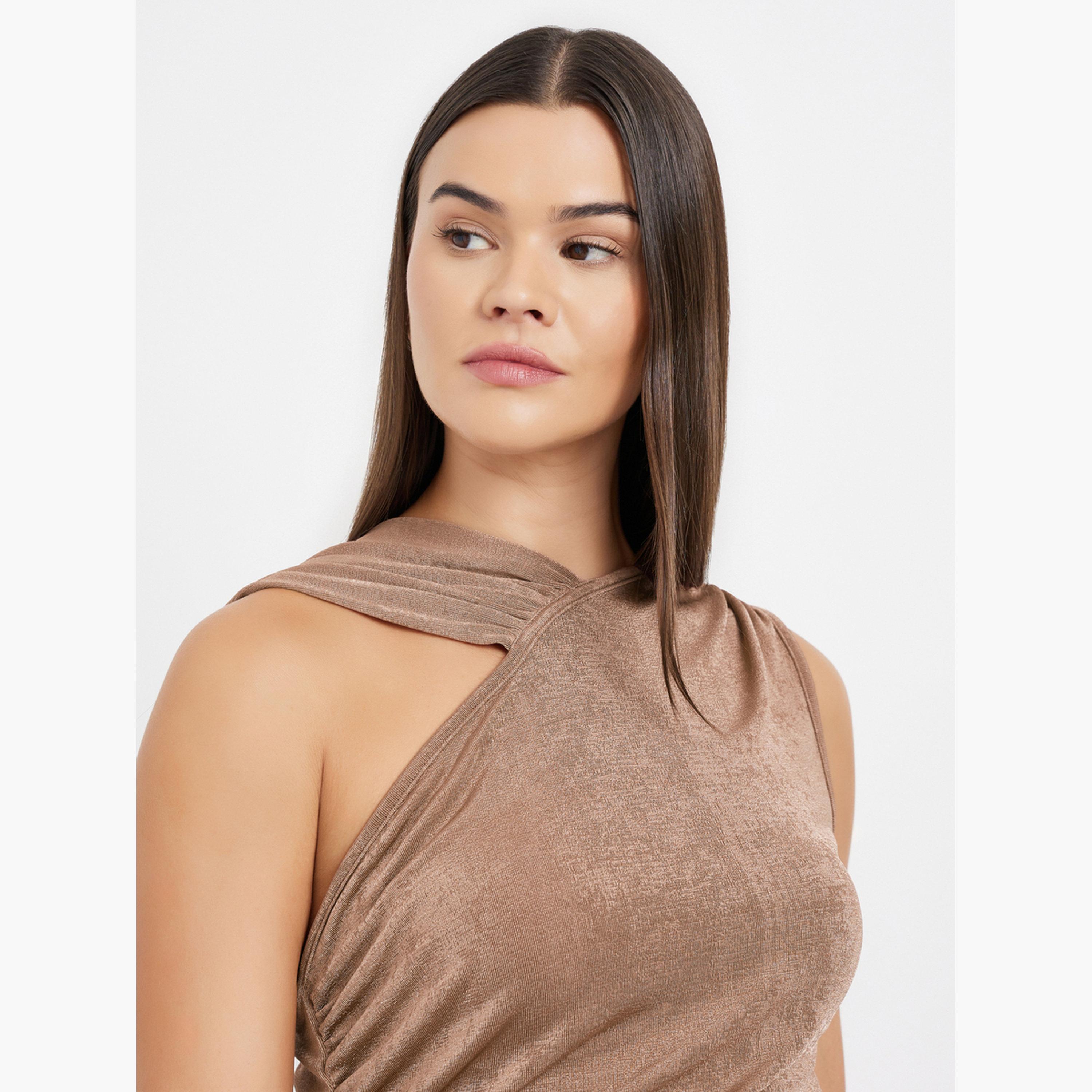 Styli Brown Textured Sleeveless Bodysuit-women-clothing-tshirts-image-4