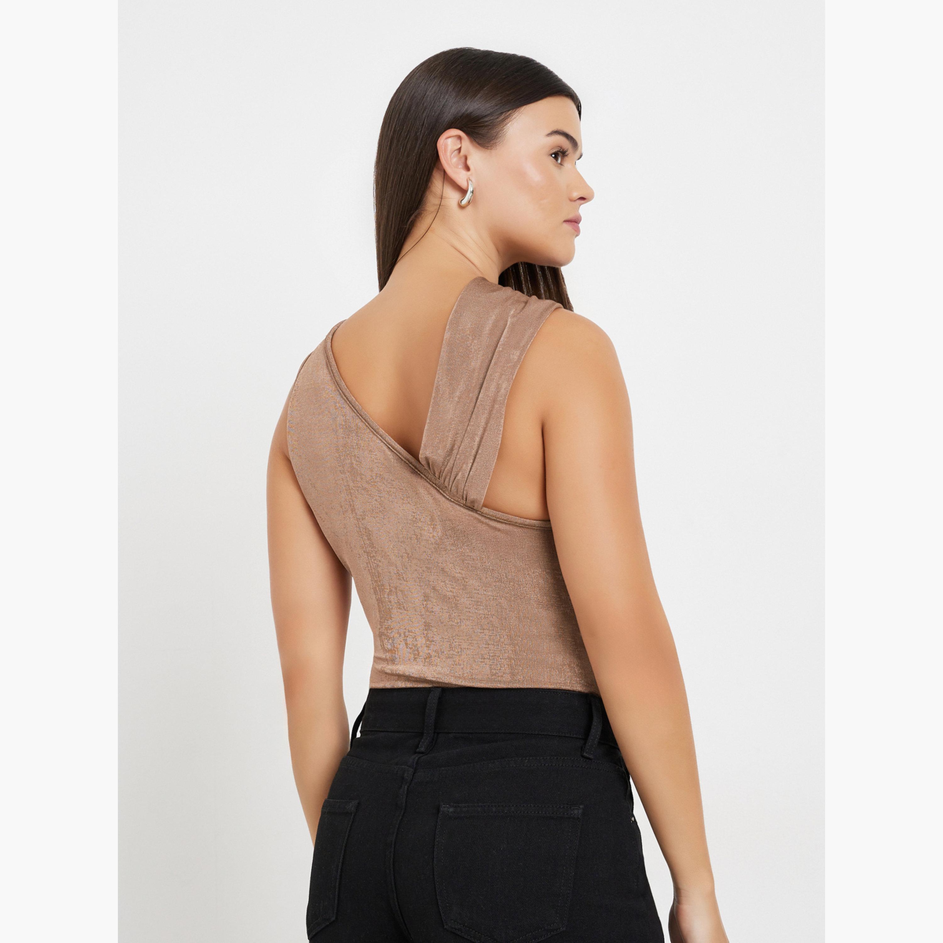Styli Brown Textured Sleeveless Bodysuit-women-clothing-tshirts-image-5
