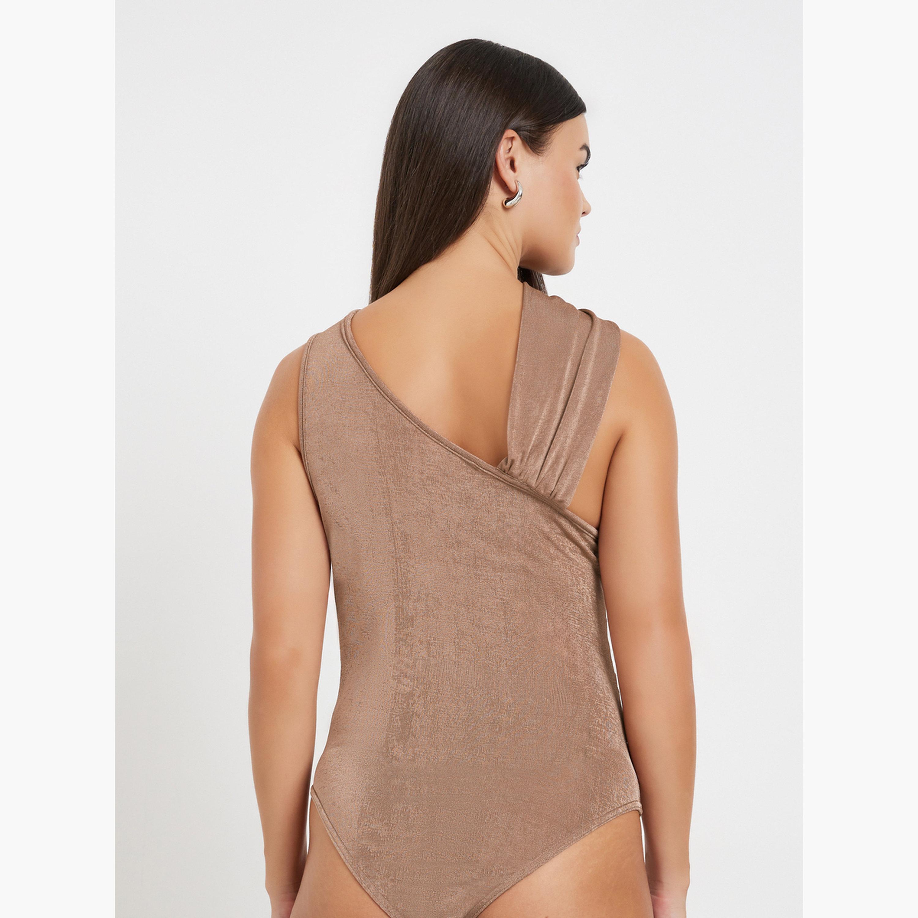 Styli Brown Textured Sleeveless Bodysuit-women-clothing-tshirts-image-6