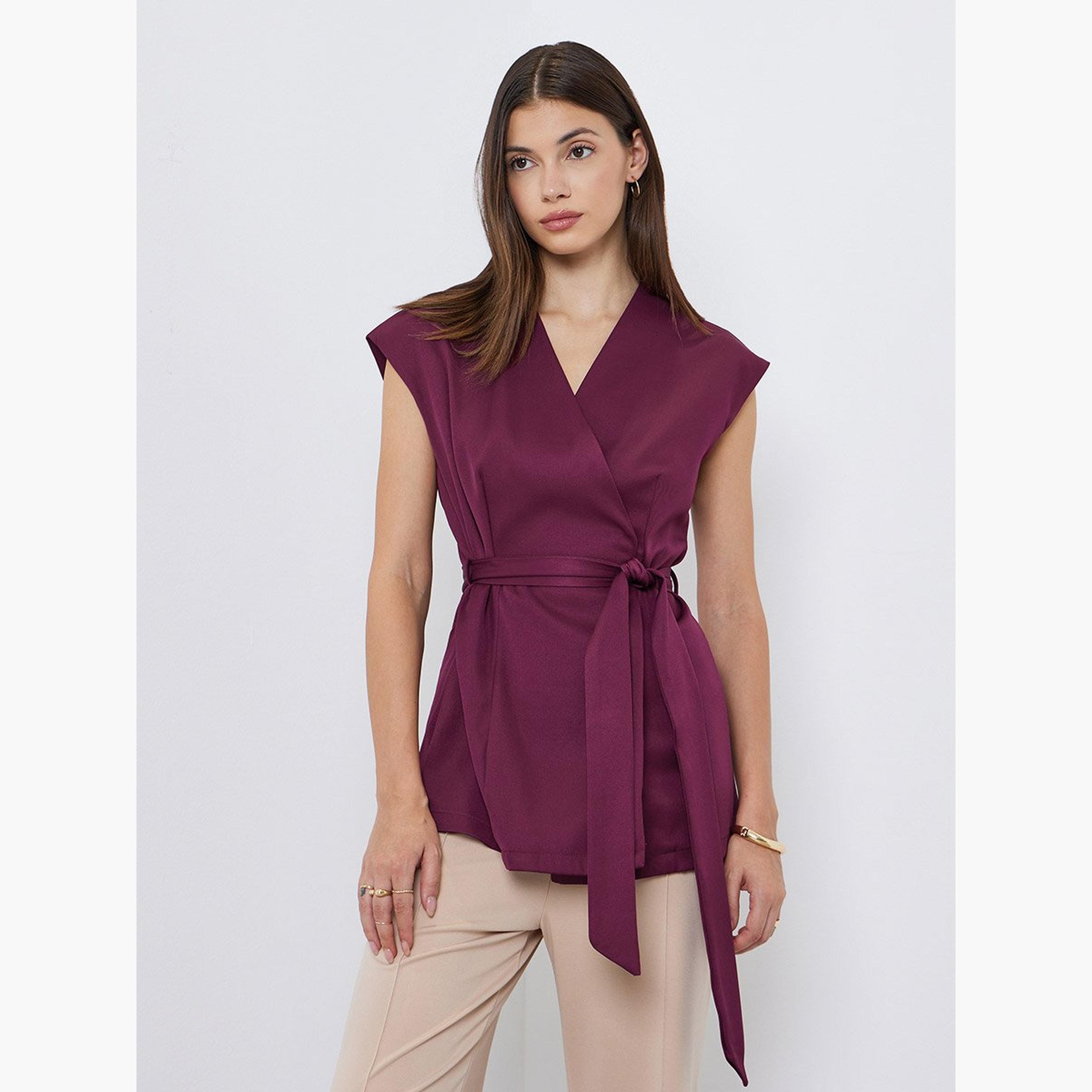 Styli Women Burgundy Sleeveless Wrap Top-women-clothing-shirtsandblouses-blouses-image-1