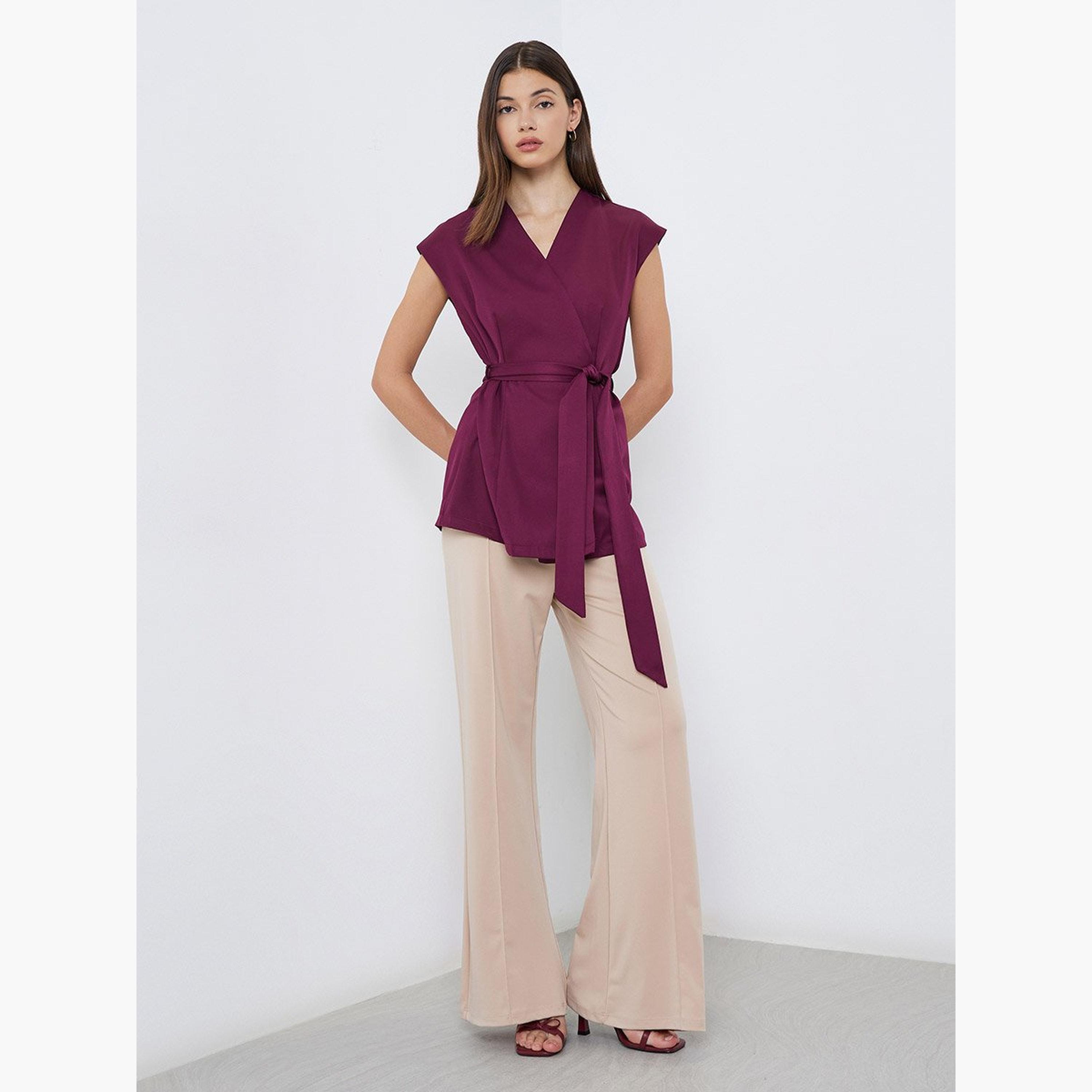 Styli Women Burgundy Sleeveless Wrap Top-women-clothing-shirtsandblouses-blouses-image-2