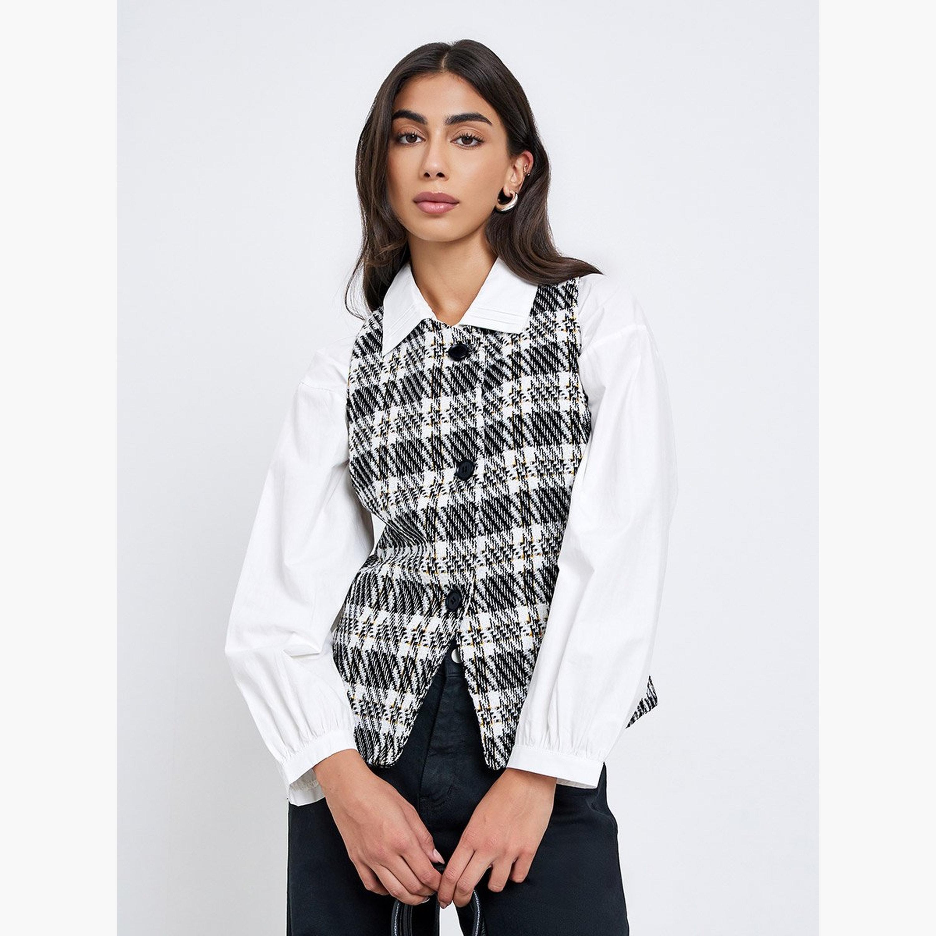 Styli Checked Front Button Sleeveless Waistcoat-women-clothing-coatsandjackets-waistcoats-image-1