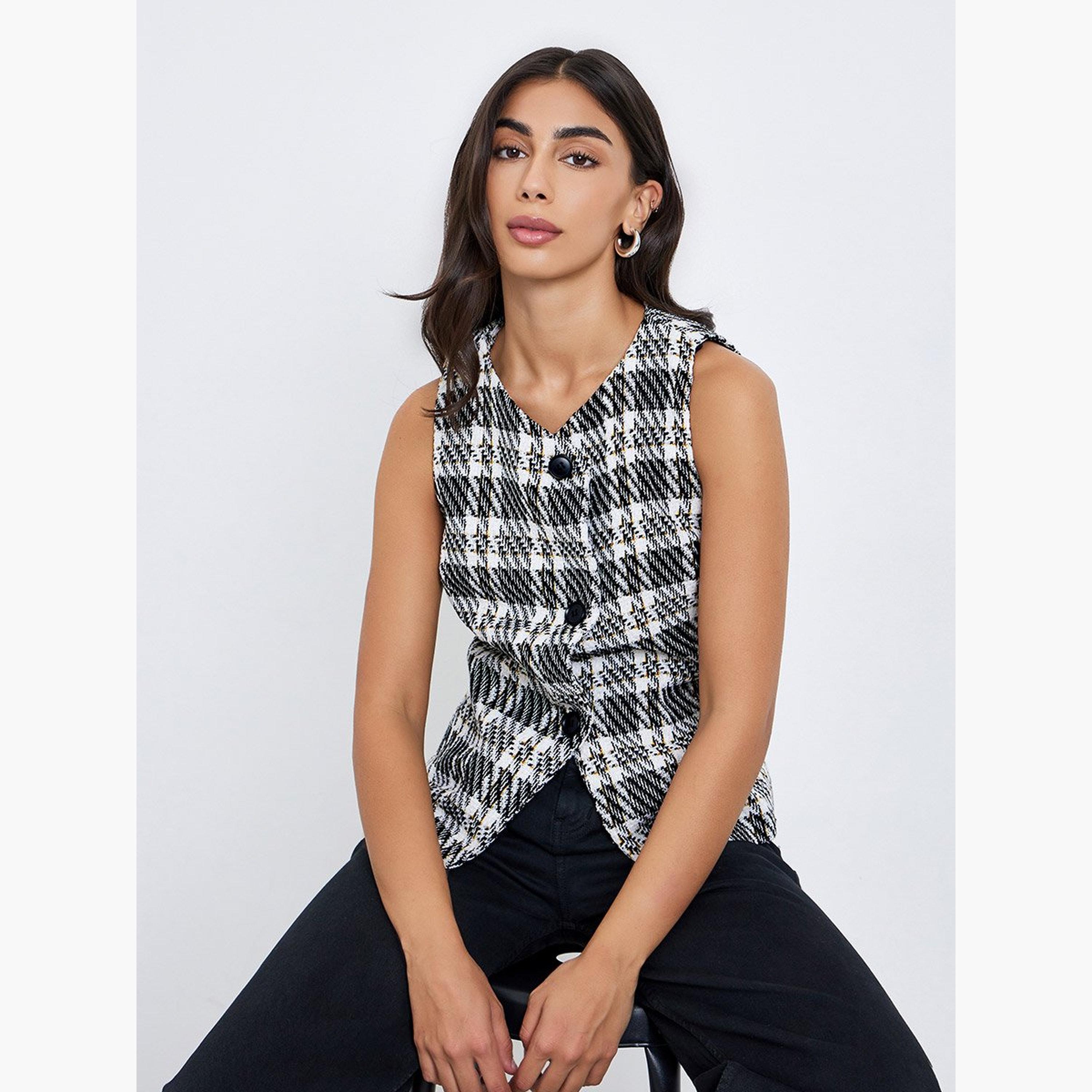 Styli Checked Front Button Sleeveless Waistcoat-women-clothing-coatsandjackets-waistcoats-image-3