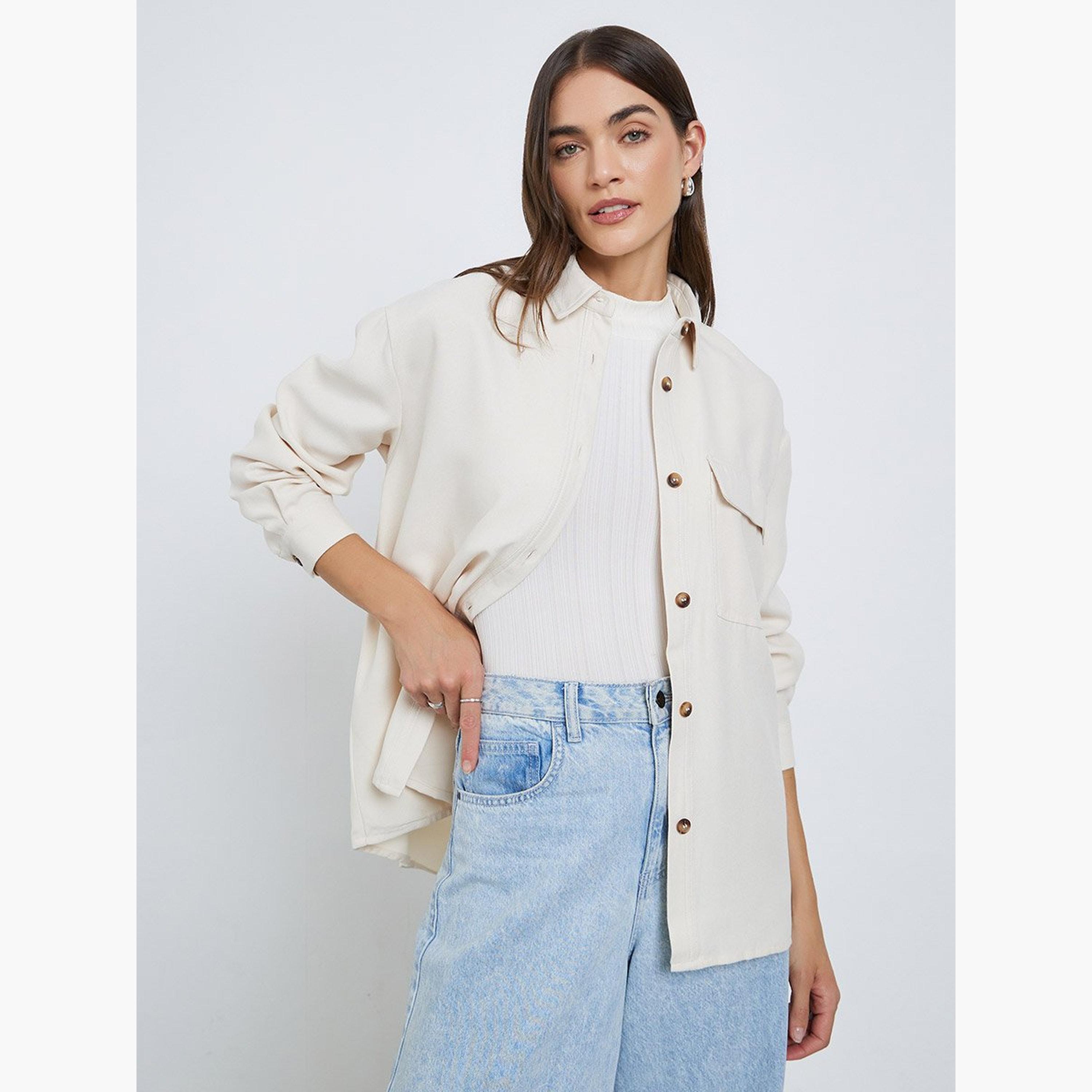 Styli Cream Long Sleeve Shirt with Pocket-women-clothing-shirtsandblouses-shirts-image-1