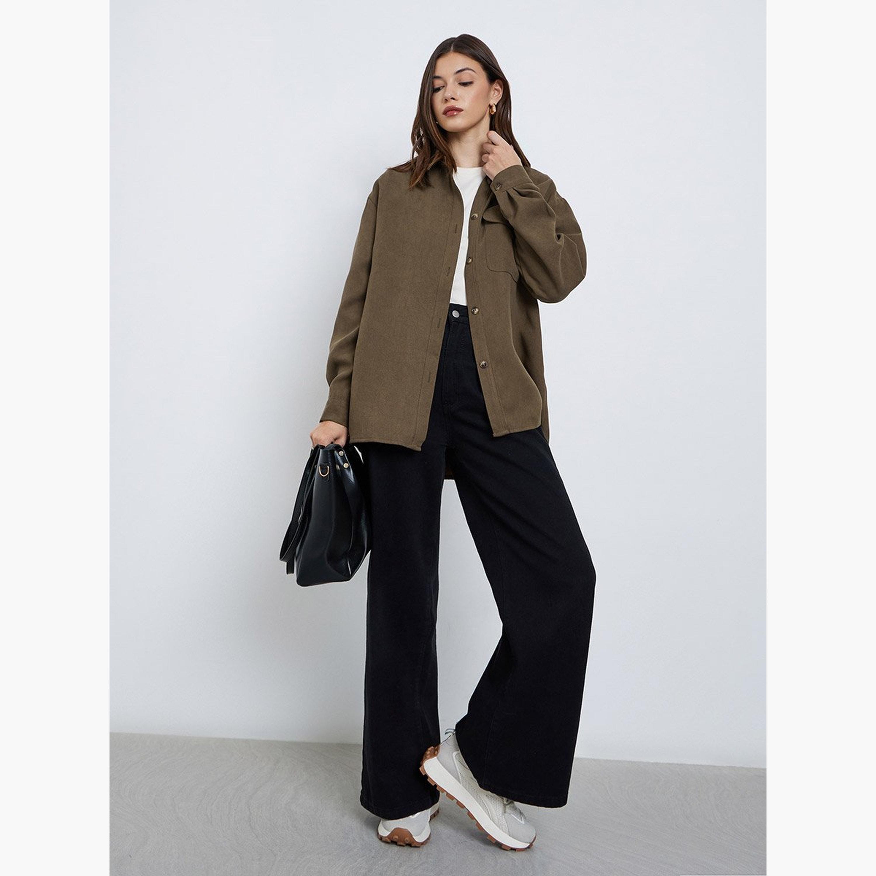 Styli Brown Long Sleeve Shirt with Pocket-women-clothing-shirtsandblouses-shirts-image-1