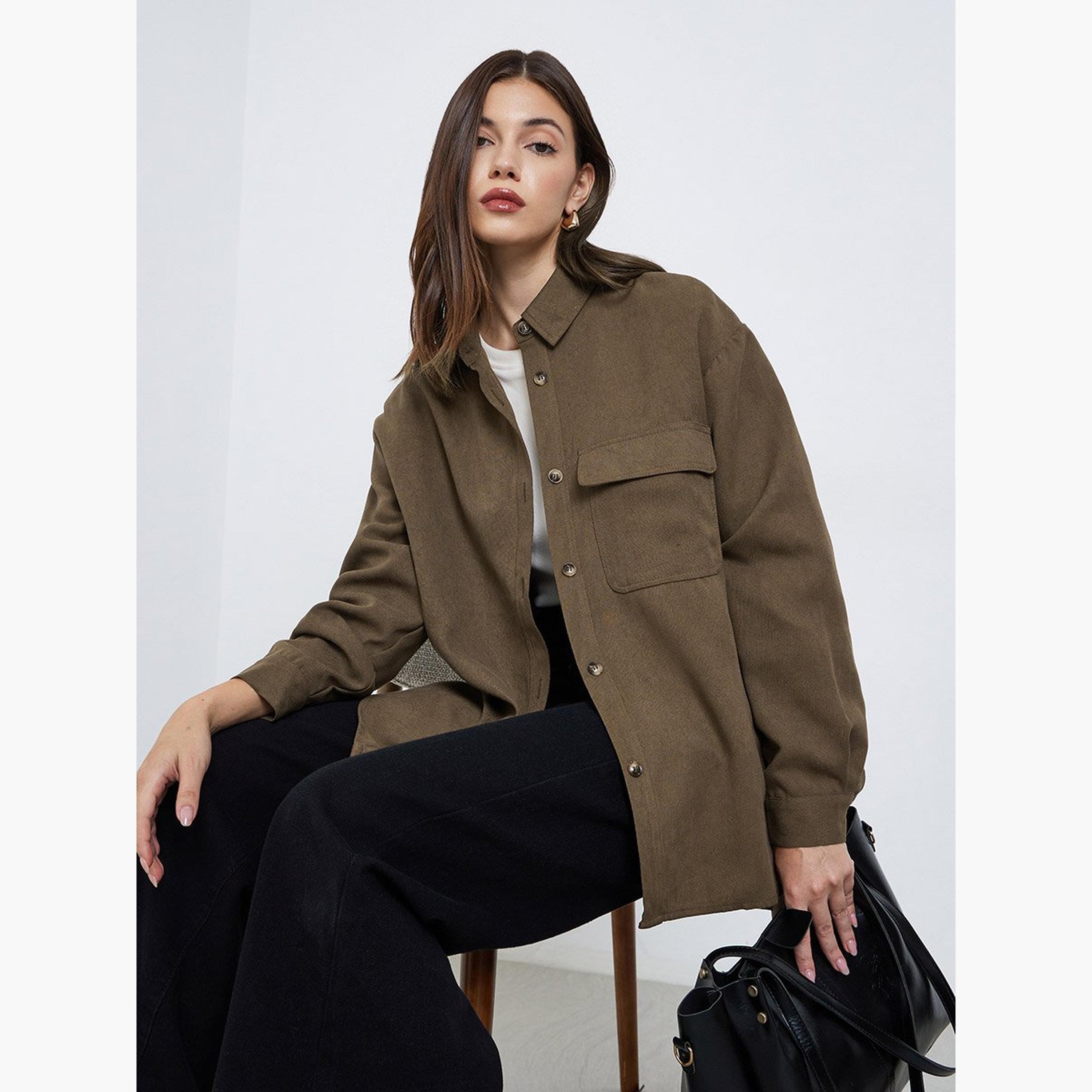 ستايلي - قميص بني بأكمام طويلة وجيب-women-clothing-shirtsandblouses-shirts-image-2