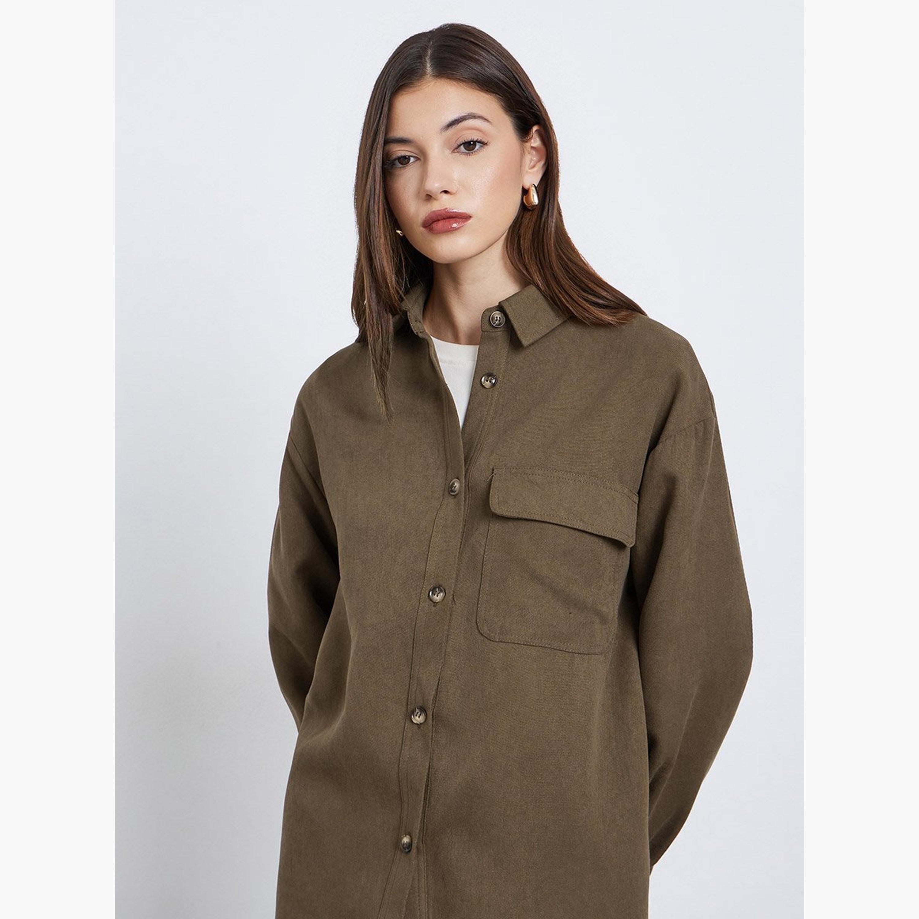 Styli Brown Long Sleeve Shirt with Pocket-women-clothing-shirtsandblouses-shirts-image-3