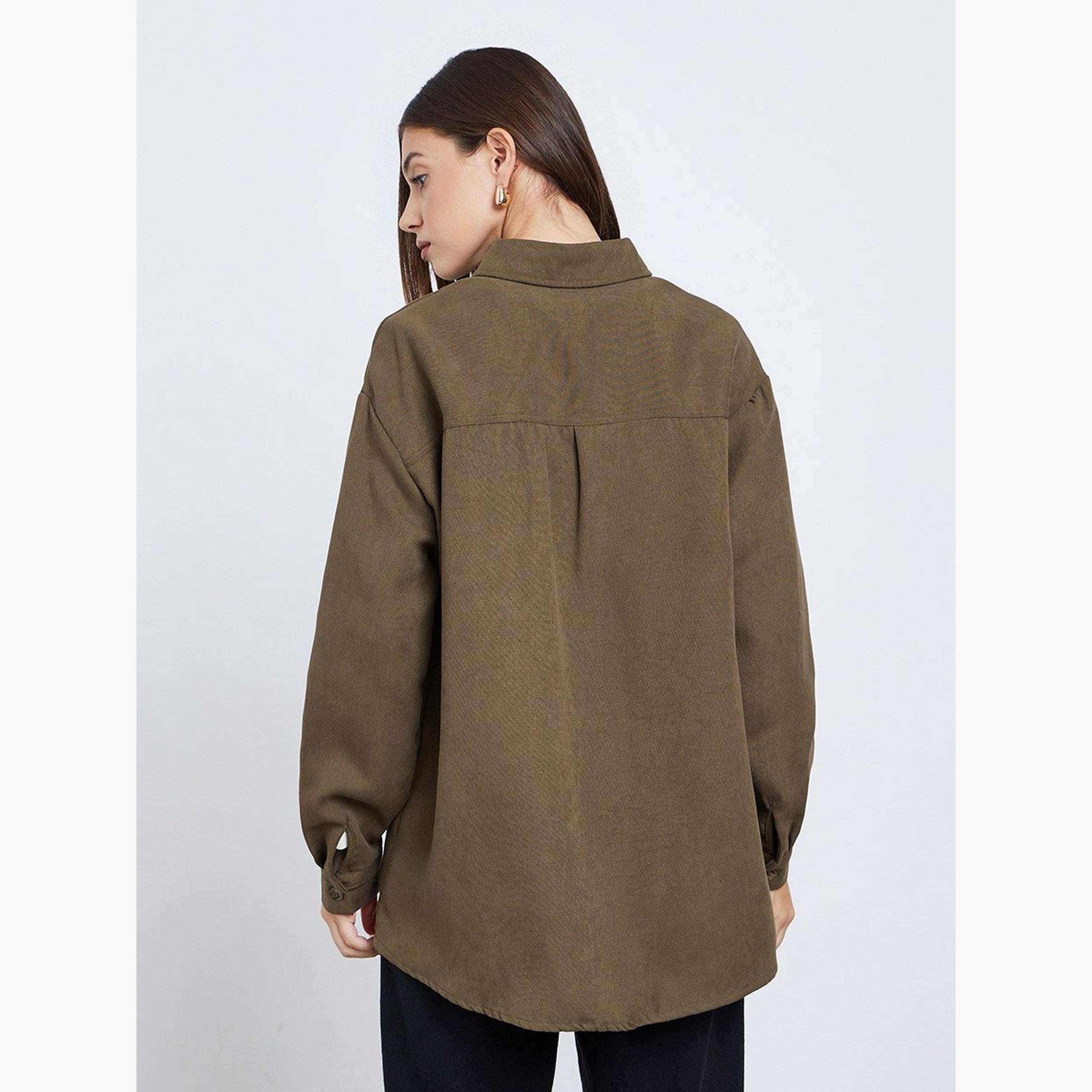 ستايلي - قميص بني بأكمام طويلة وجيب-women-clothing-shirtsandblouses-shirts-image-5
