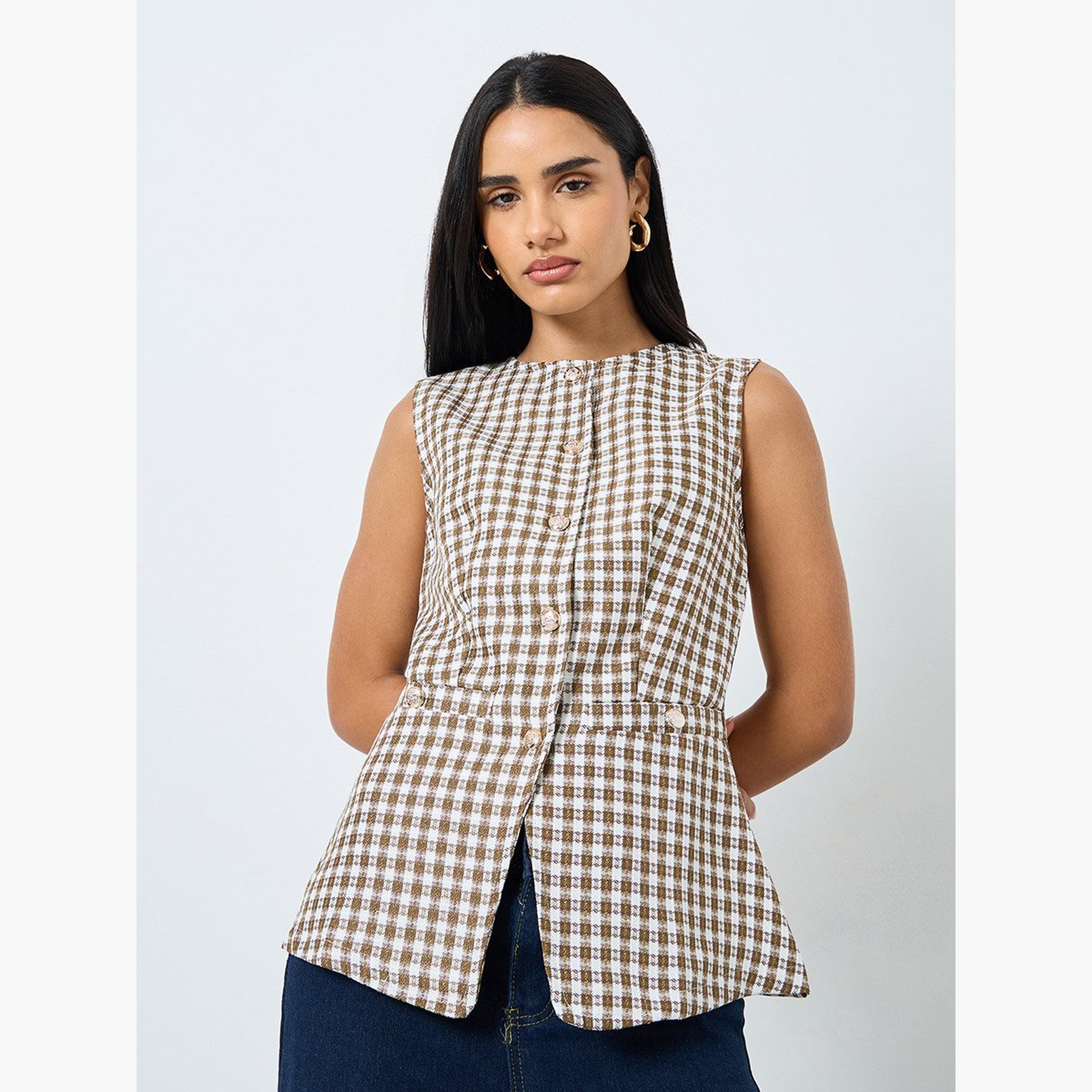 Styli Brown Gingham Sleeveless Waistcoat-women-clothing-coatsandjackets-waistcoats-image-1