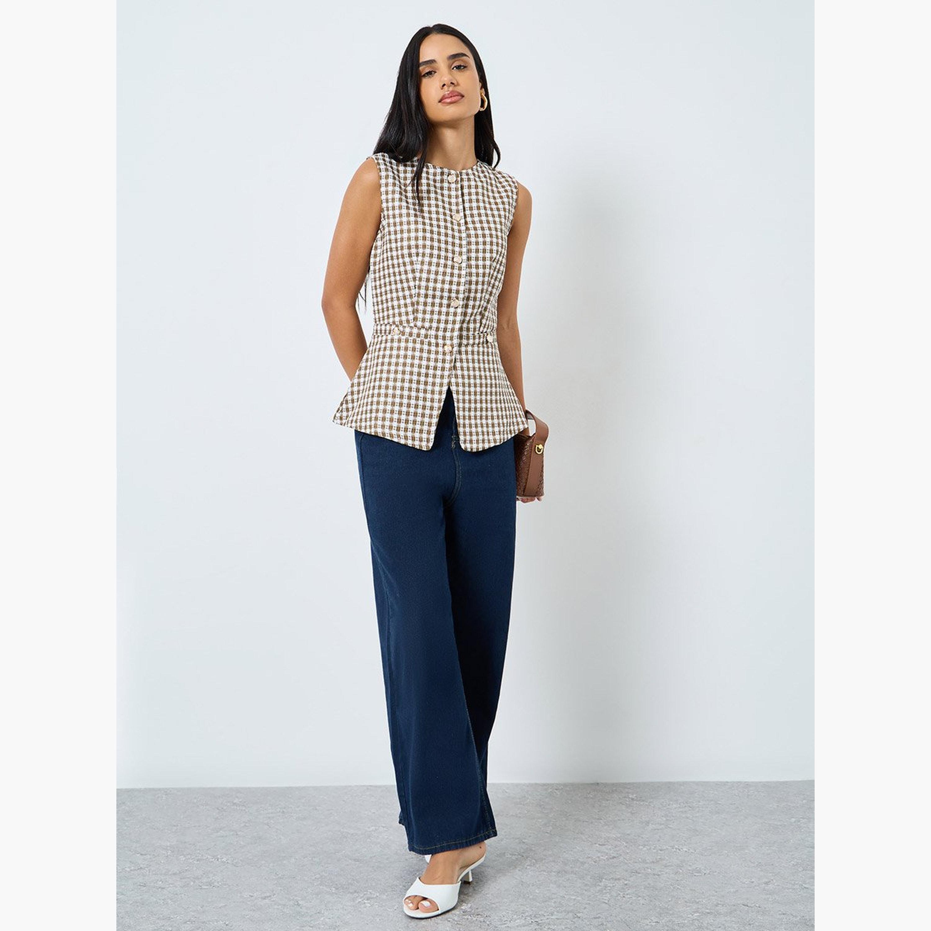 Styli Brown Gingham Sleeveless Waistcoat-women-clothing-coatsandjackets-waistcoats-image-2