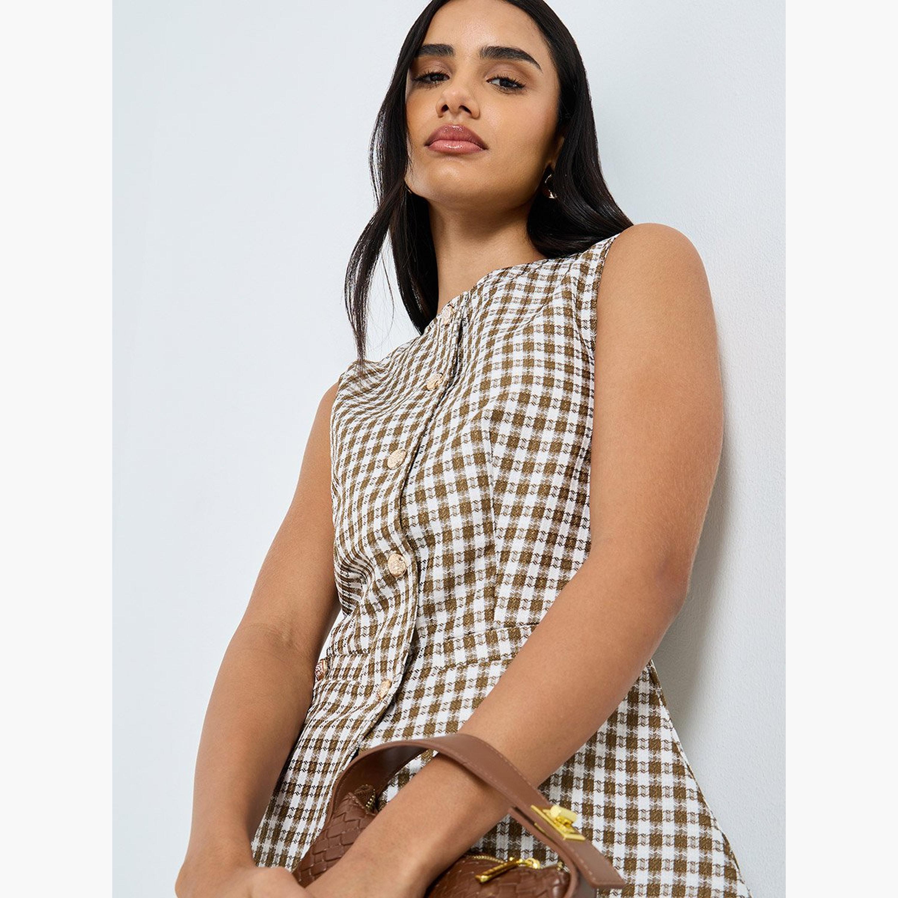 Styli Brown Gingham Sleeveless Waistcoat-women-clothing-coatsandjackets-waistcoats-image-3