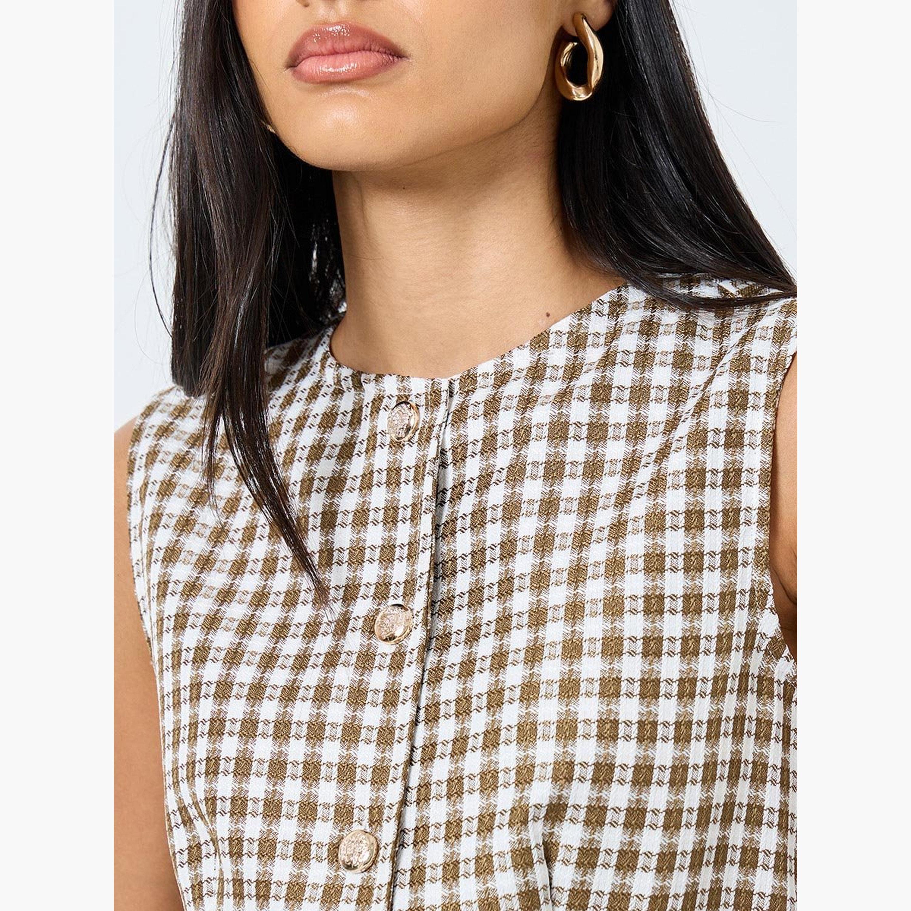Styli Brown Gingham Sleeveless Waistcoat-women-clothing-coatsandjackets-waistcoats-image-4