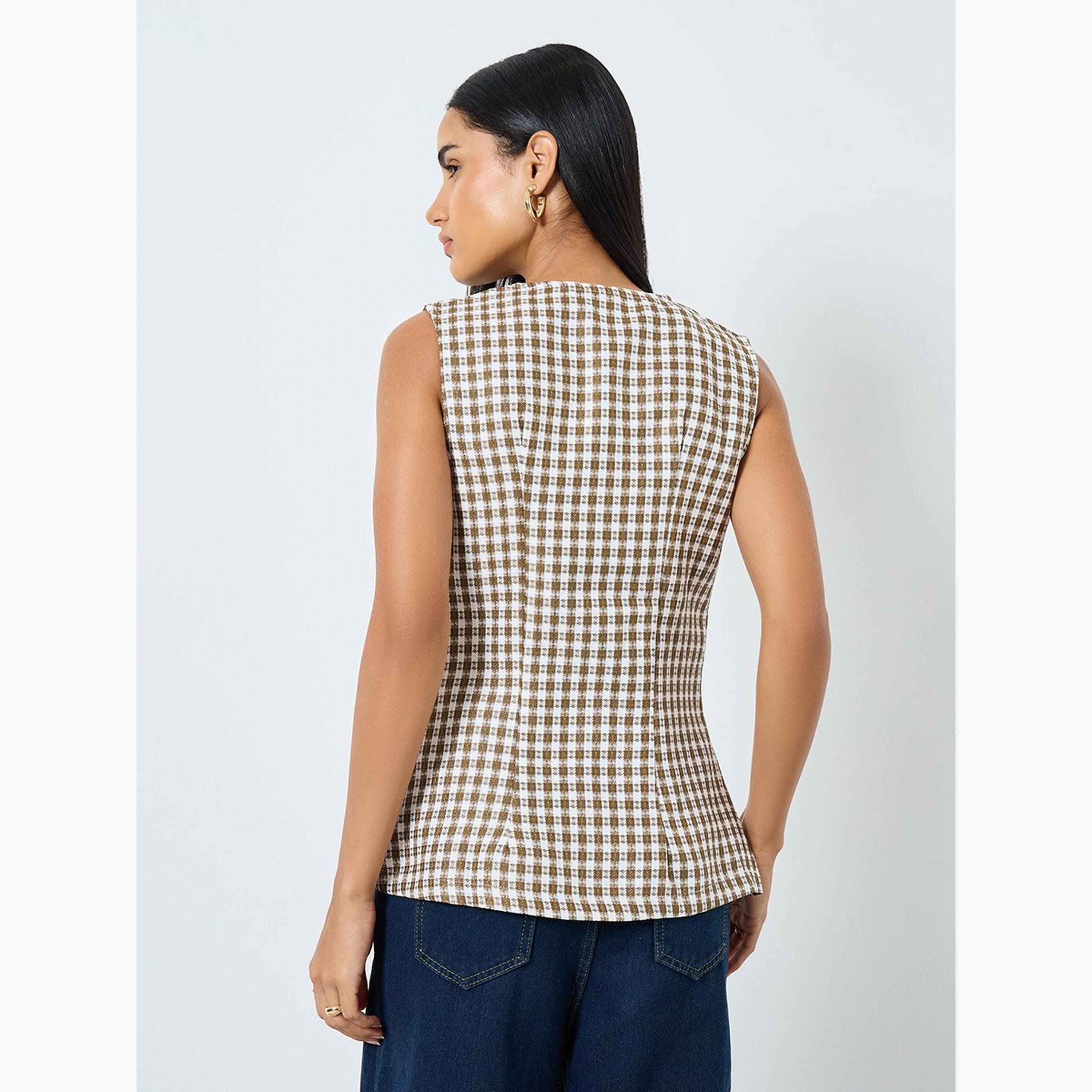 Styli Brown Gingham Sleeveless Waistcoat-women-clothing-coatsandjackets-waistcoats-image-5