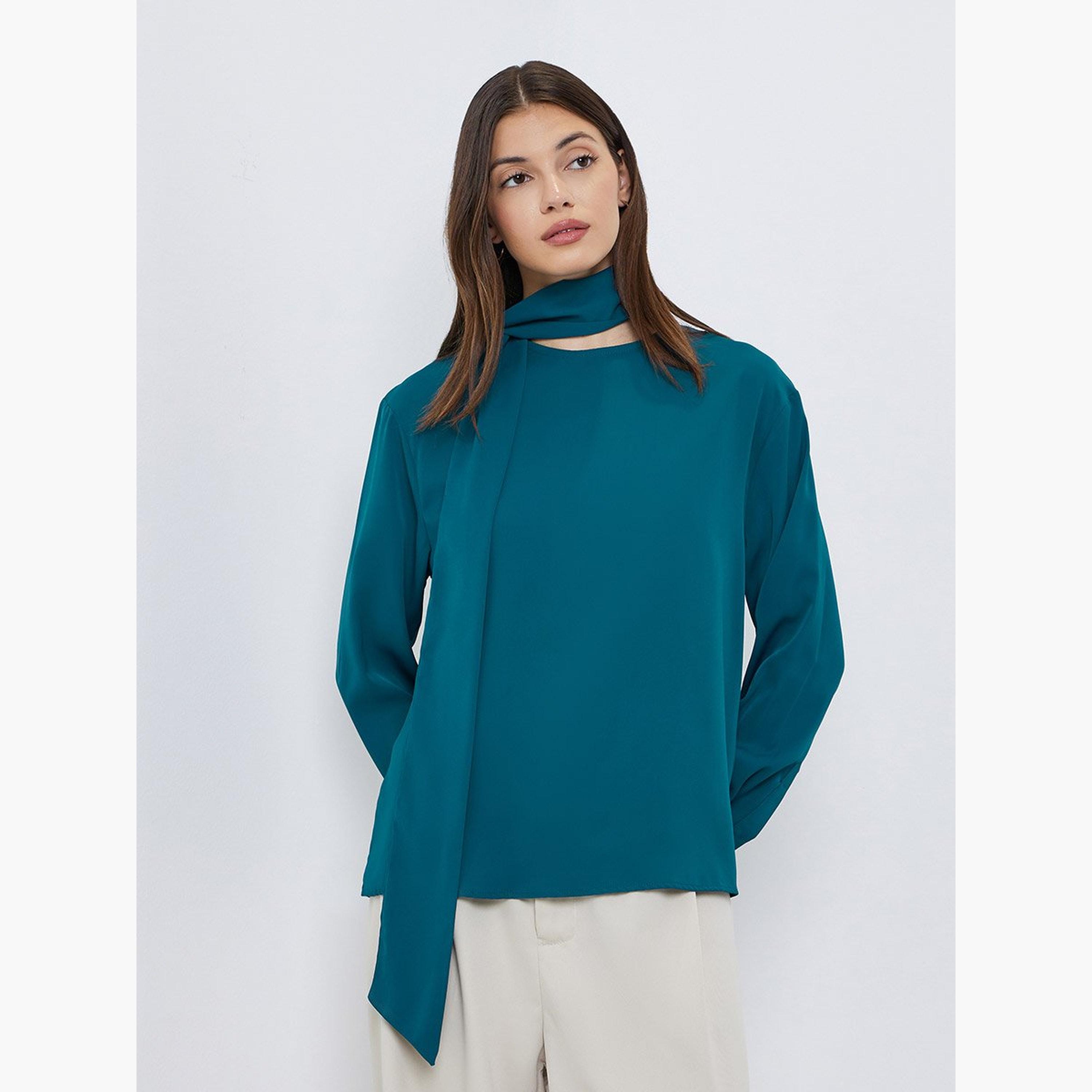 Styli Teal Long Sleeve Blouse with Scarf Detail-women-clothing-shirtsandblouses-blouses-image-1