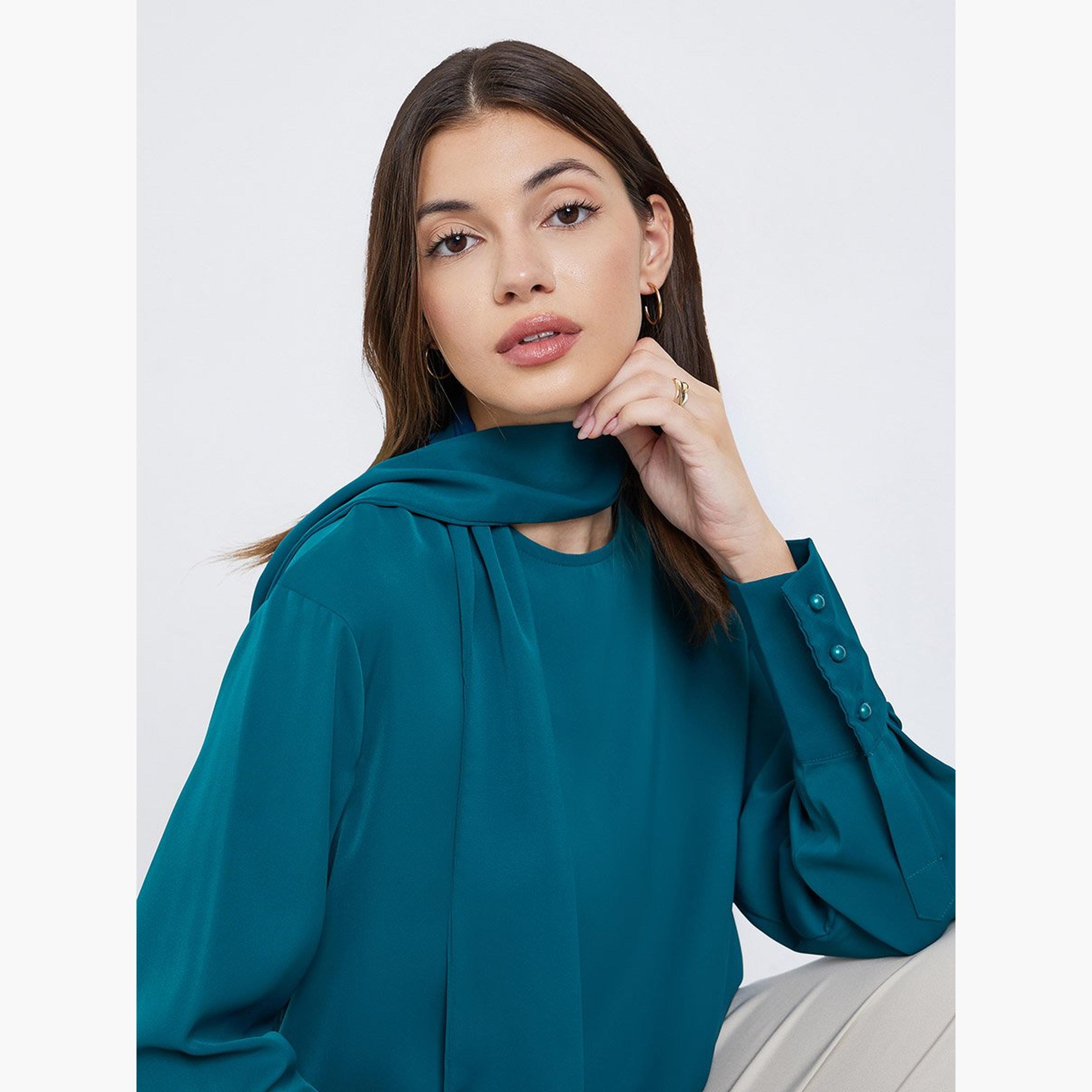 Styli Teal Long Sleeve Blouse with Scarf Detail-women-clothing-shirtsandblouses-blouses-image-2