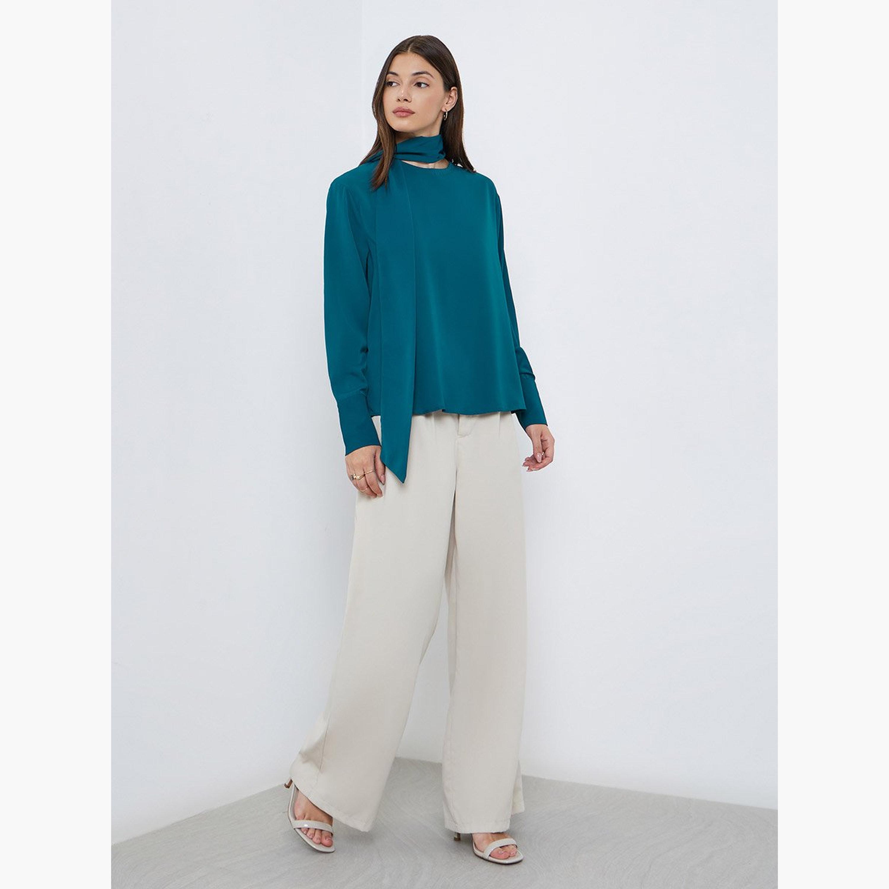 Styli Teal Long Sleeve Blouse with Scarf Detail-women-clothing-shirtsandblouses-blouses-image-3
