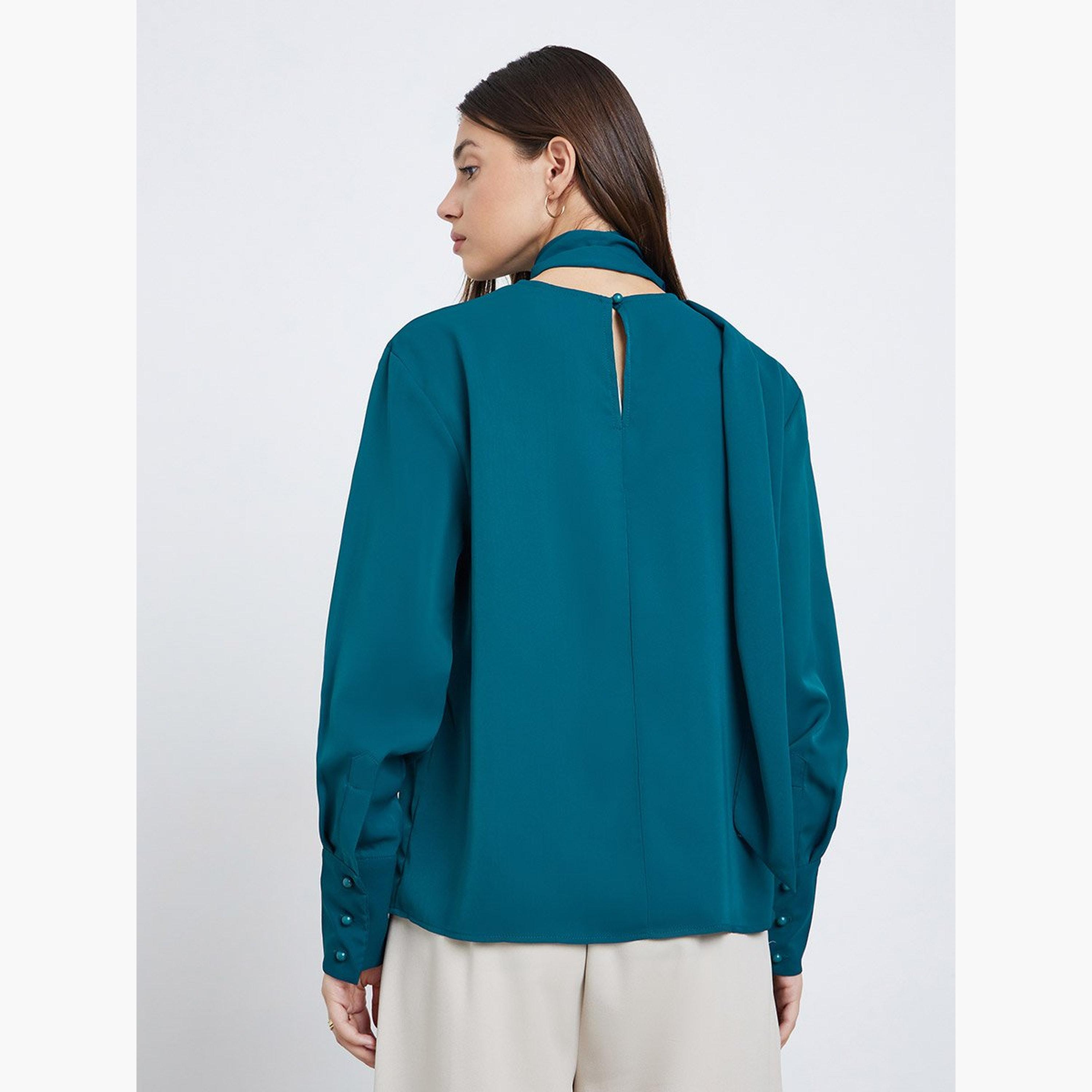 Styli Teal Long Sleeve Blouse with Scarf Detail-women-clothing-shirtsandblouses-blouses-image-4