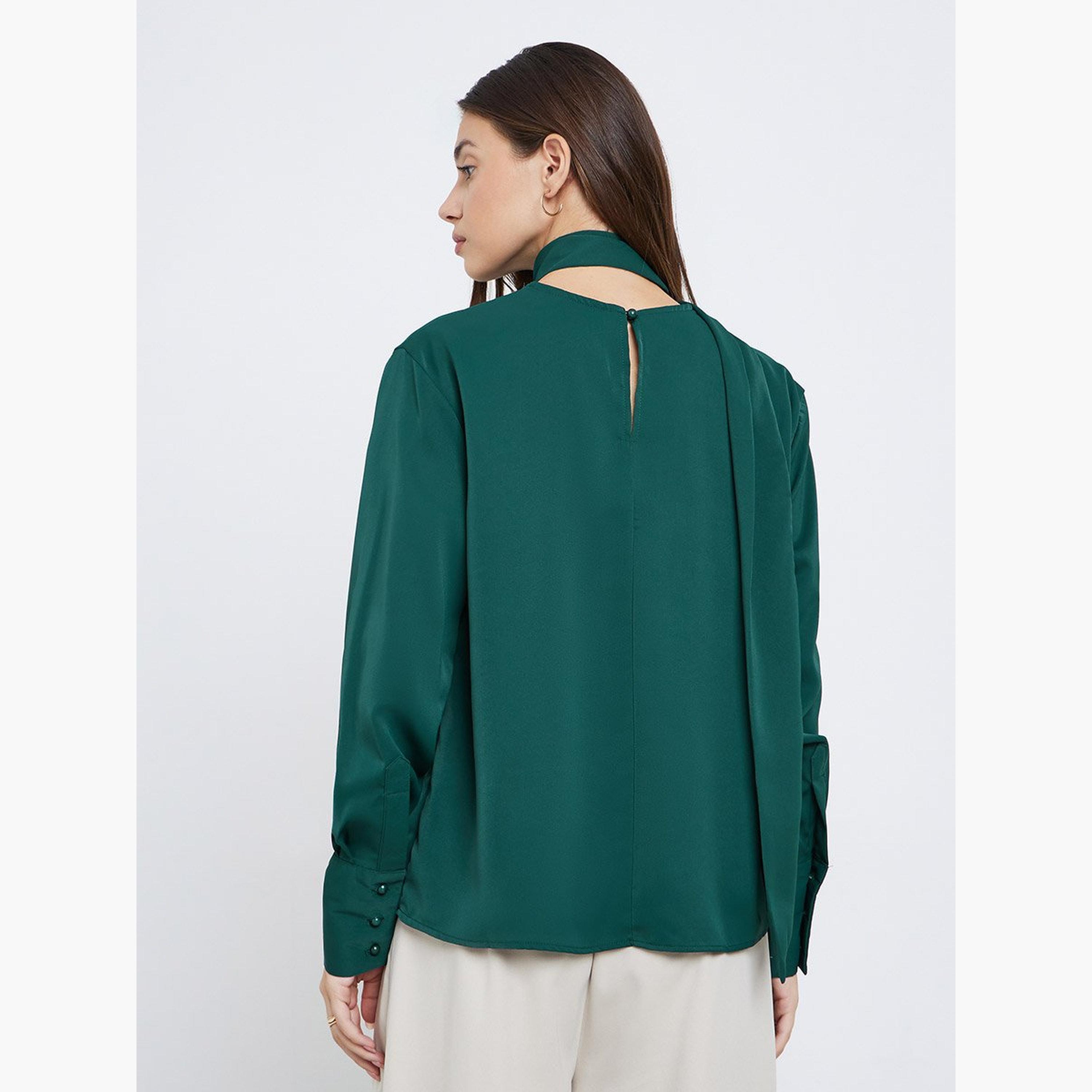 ستايلي - بلوزة خضراء بأكمام طويلة مع تفاصيل وشاح-women-clothing-shirtsandblouses-blouses-image-4
