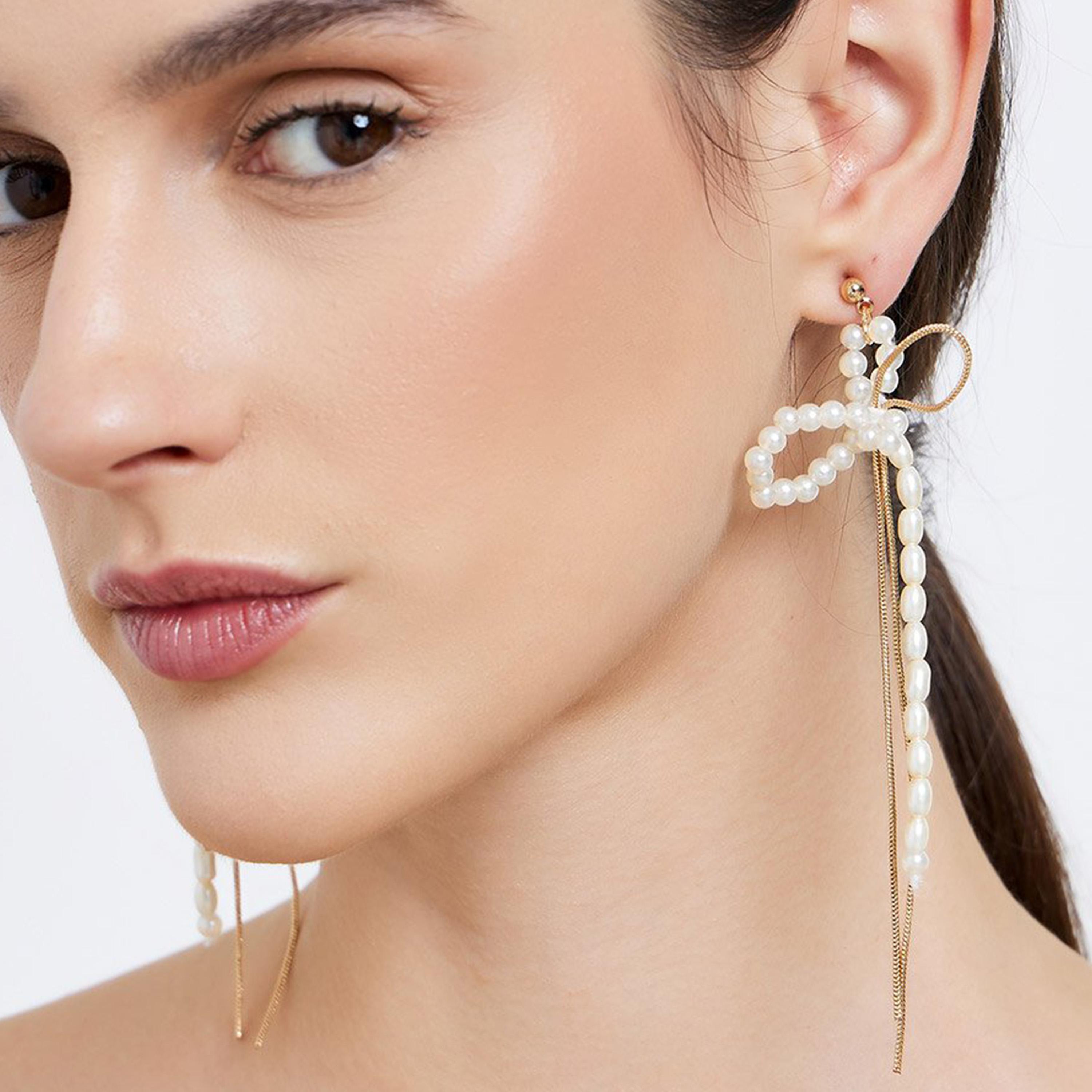 Styli Pearl Bow Dangle Earrings-women-watchesandjewellery-jewellery-earrings-image-2