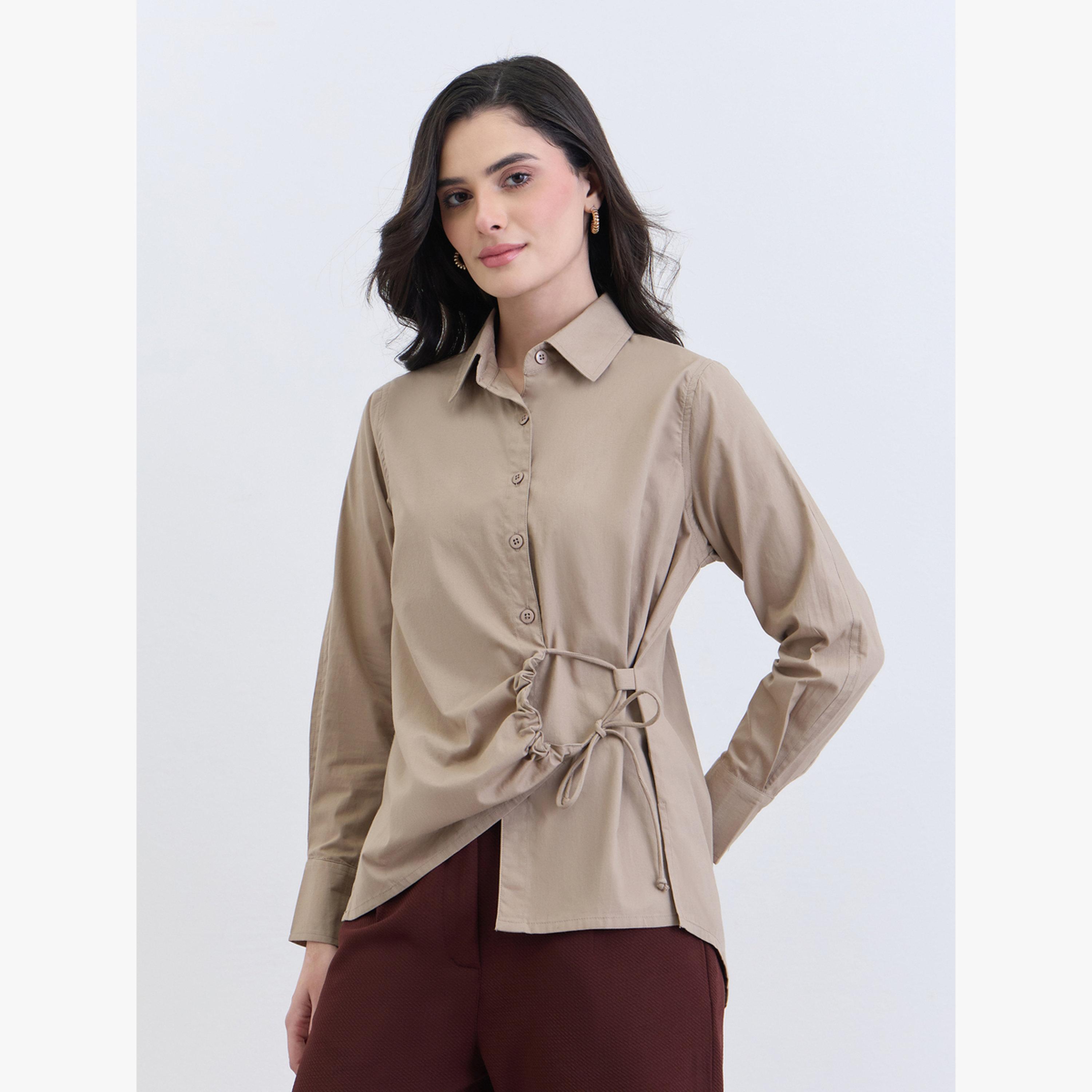 Styli Women Beige Cotton Long Sleeve Tie-Waist Shirt-women-clothing-shirtsandblouses-blouses-image-1