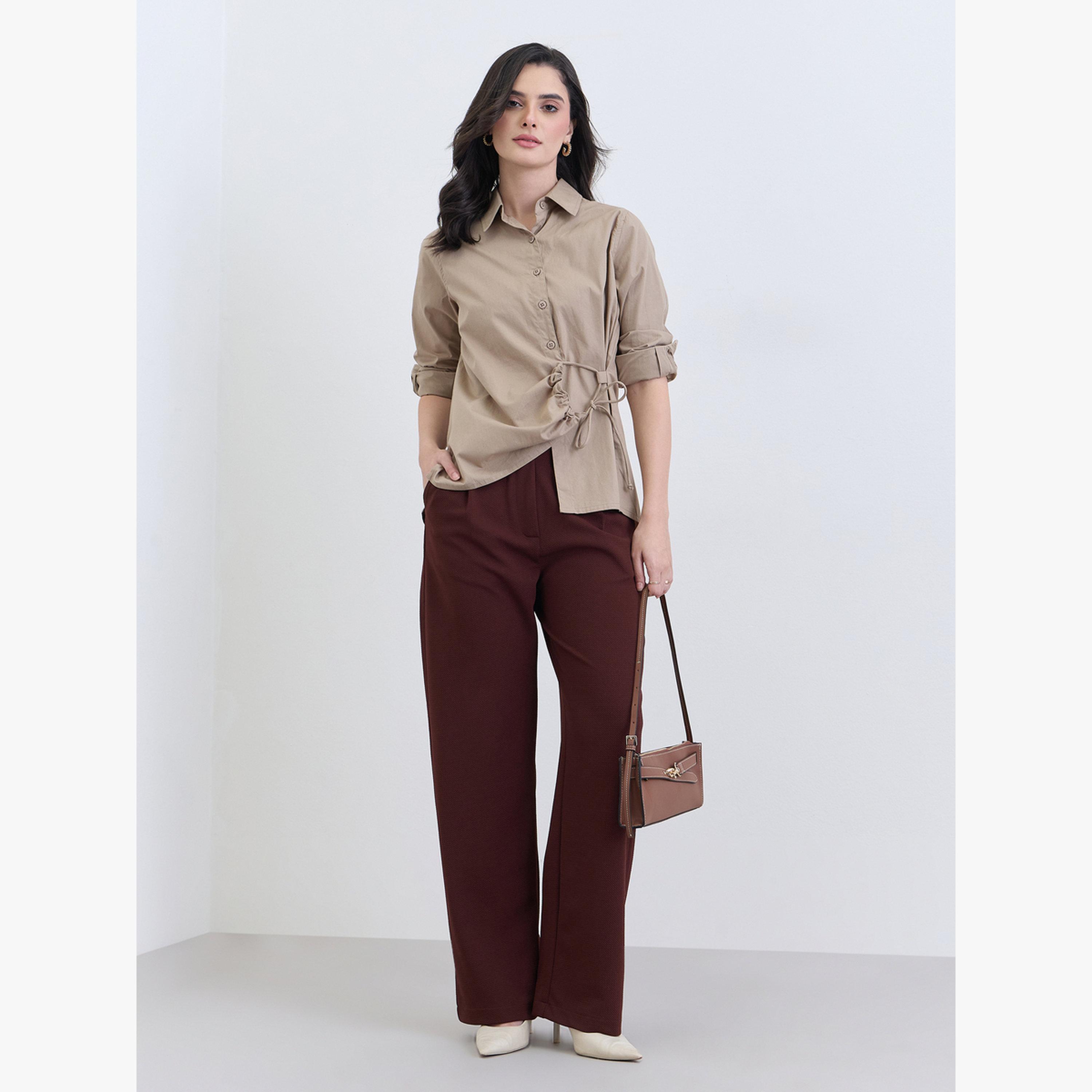 Styli Women Beige Cotton Long Sleeve Tie-Waist Shirt-women-clothing-shirtsandblouses-blouses-image-2