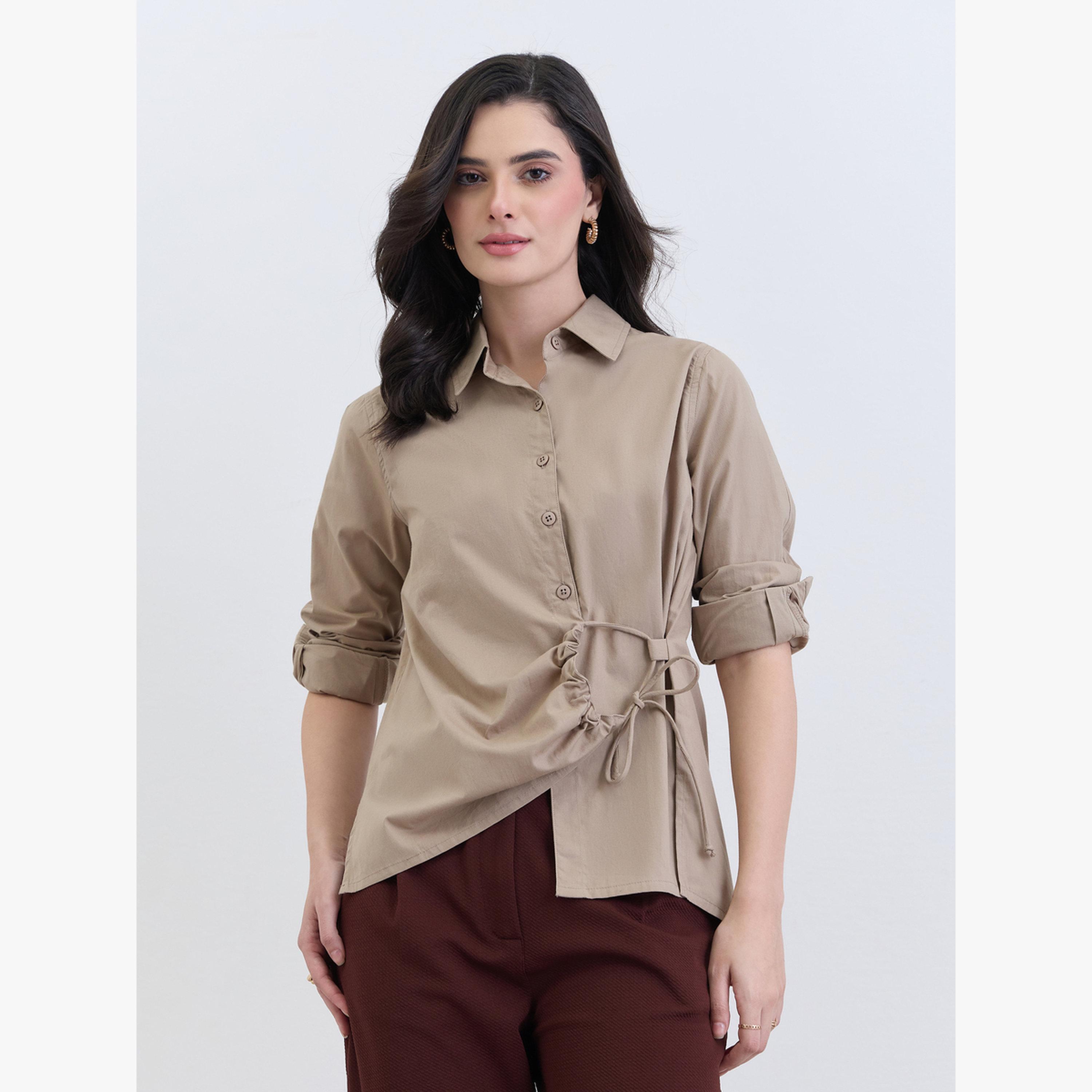 Styli Women Beige Cotton Long Sleeve Tie-Waist Shirt-women-clothing-shirtsandblouses-blouses-image-3