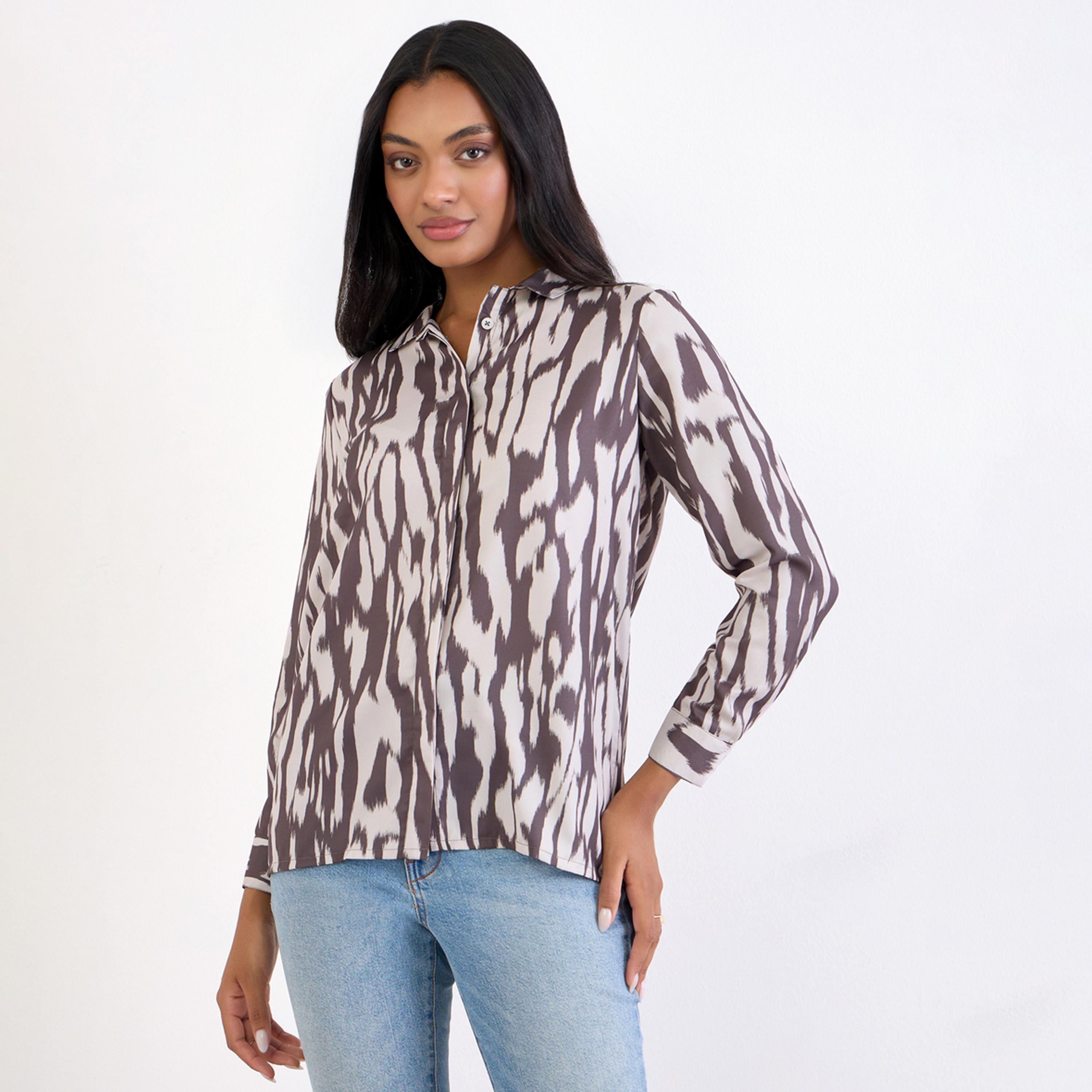 Styli Brown Zebra Print Long Sleeve Shirt-women-clothing-shirtsandblouses-shirts-image-1