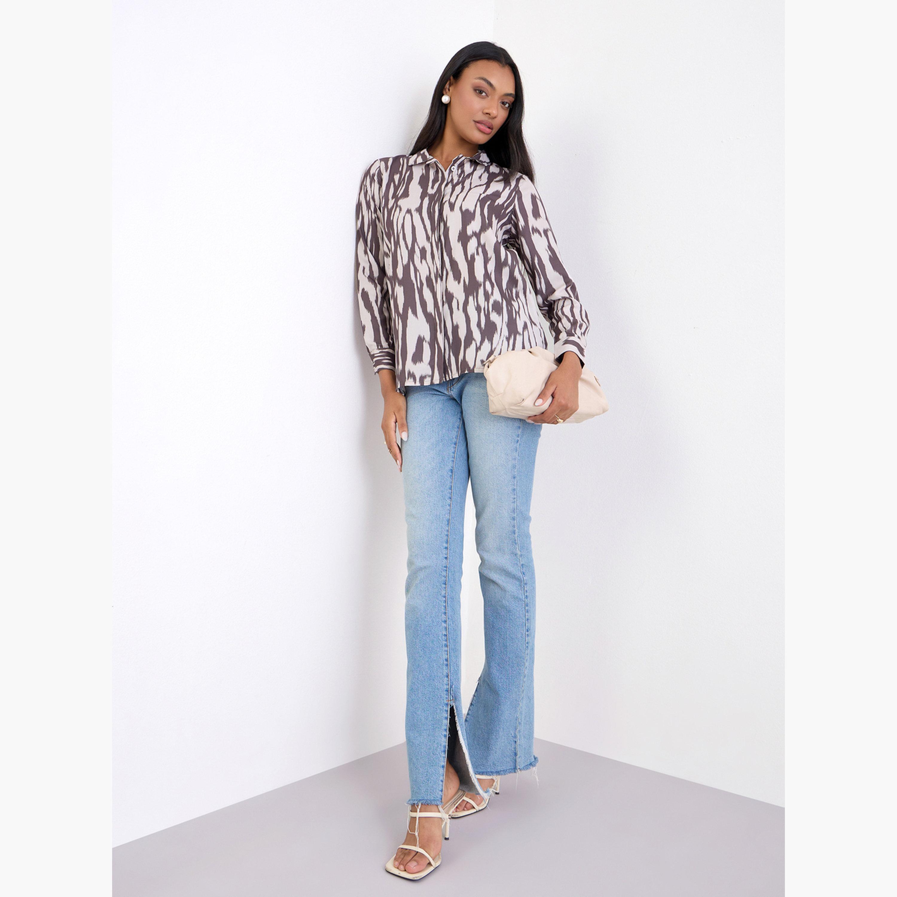 Styli Brown Zebra Print Long Sleeve Shirt-women-clothing-shirtsandblouses-shirts-image-2