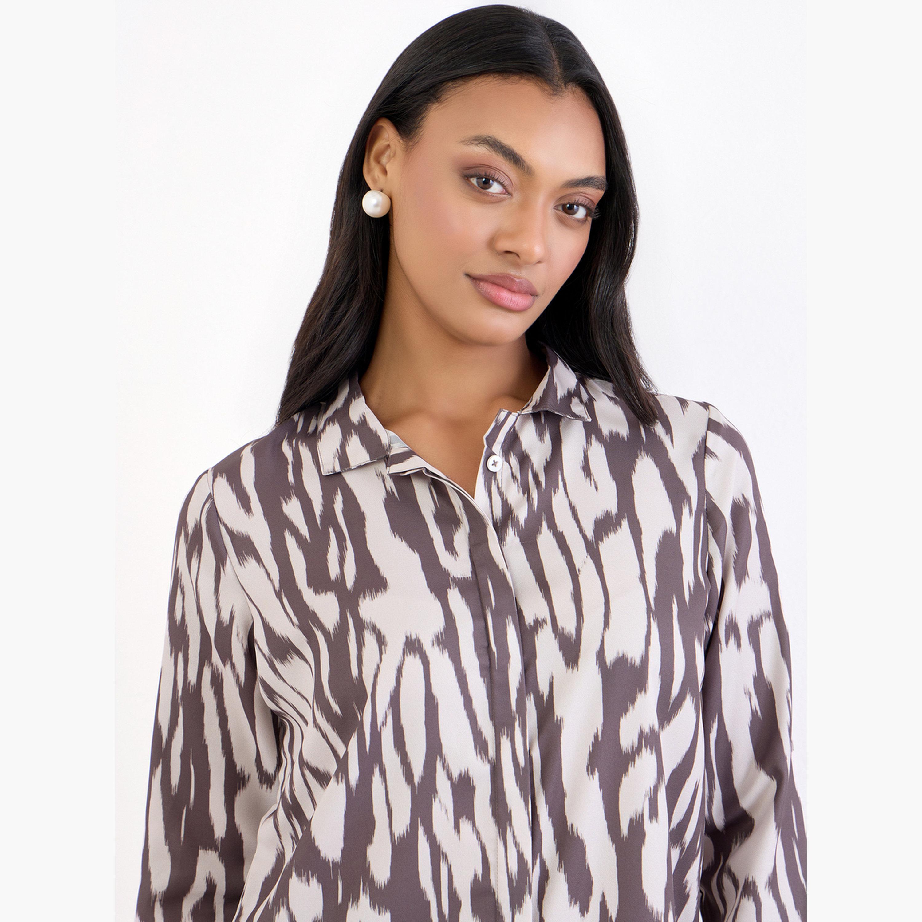 ستايلي - قميص بني بطبعة حمار وحشي وأكمام طويلة-women-clothing-shirtsandblouses-shirts-image-3