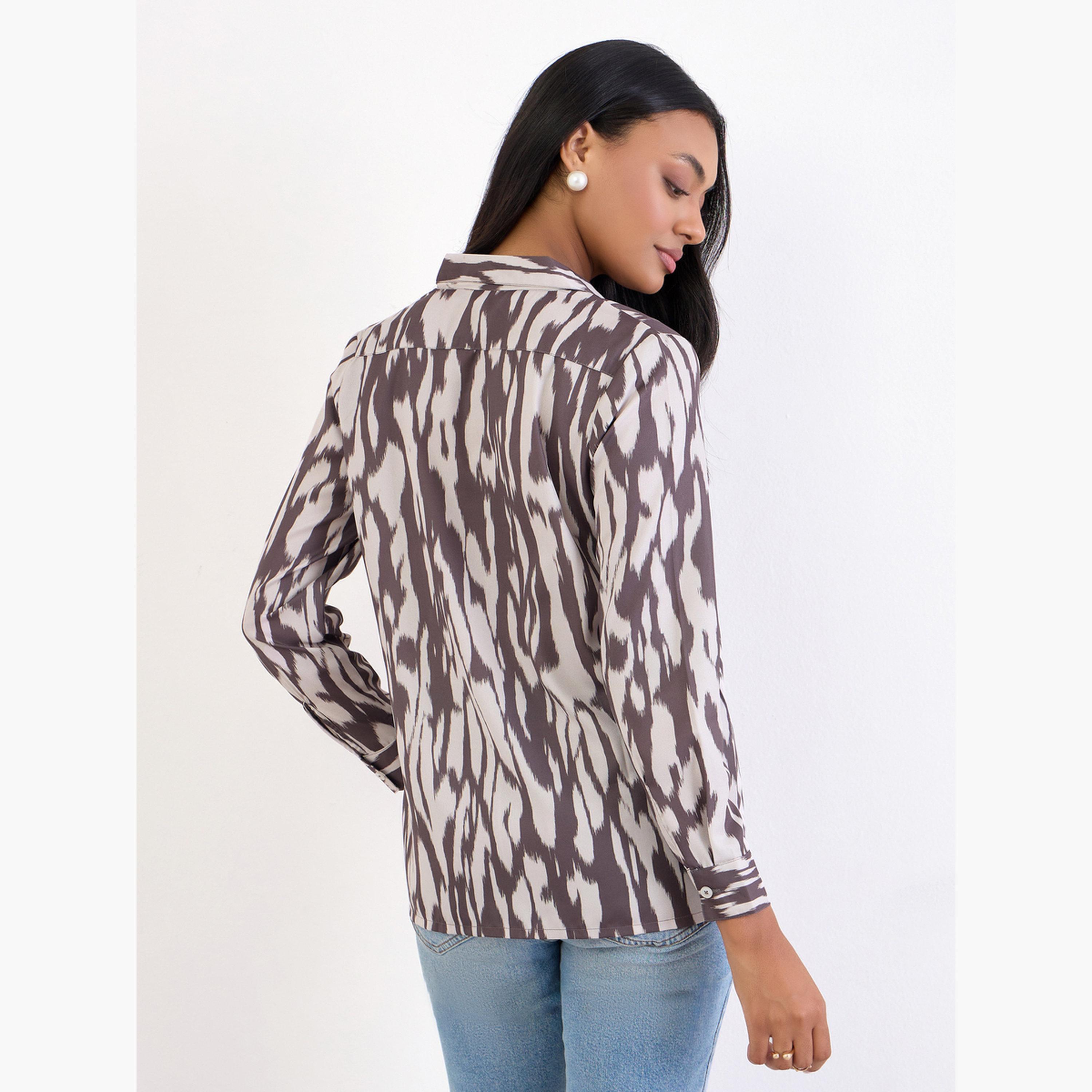 ستايلي - قميص بني بطبعة حمار وحشي وأكمام طويلة-women-clothing-shirtsandblouses-shirts-image-4