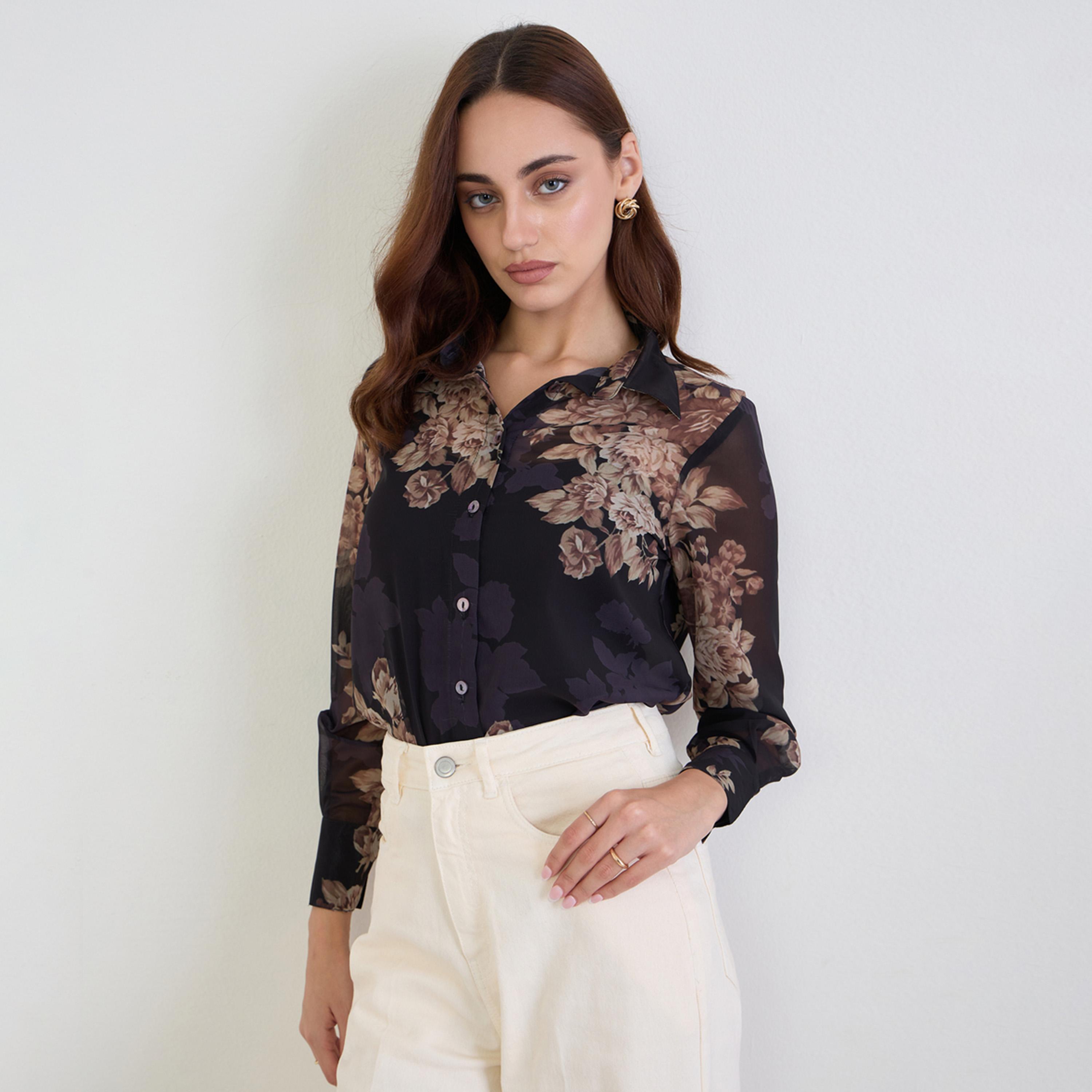 Styli Floral Print Black Chiffon Shirt-women-clothing-shirtsandblouses-shirts-image-1