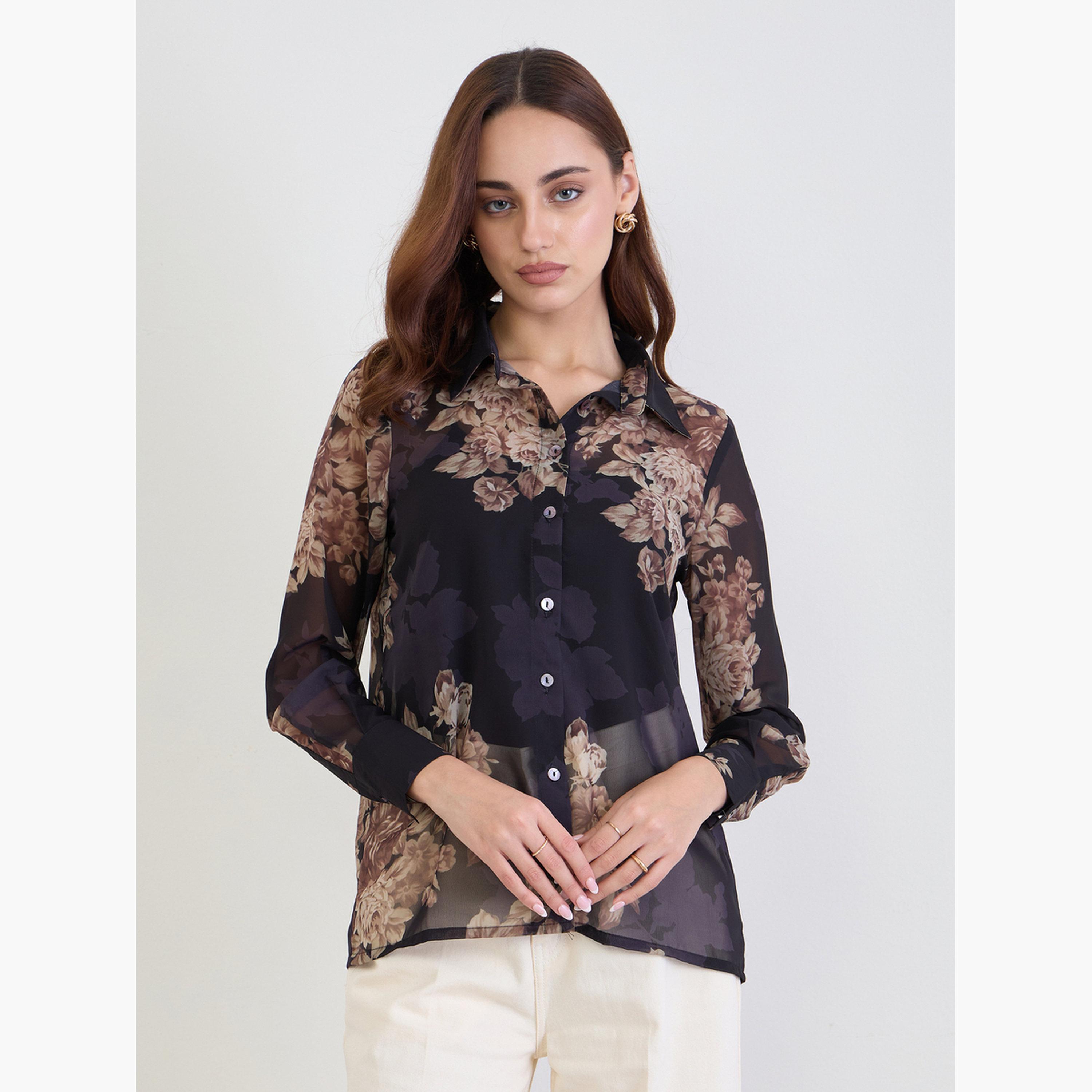 ستايلي - قميص شيفون أسود بطبعة زهور-women-clothing-shirtsandblouses-shirts-image-3