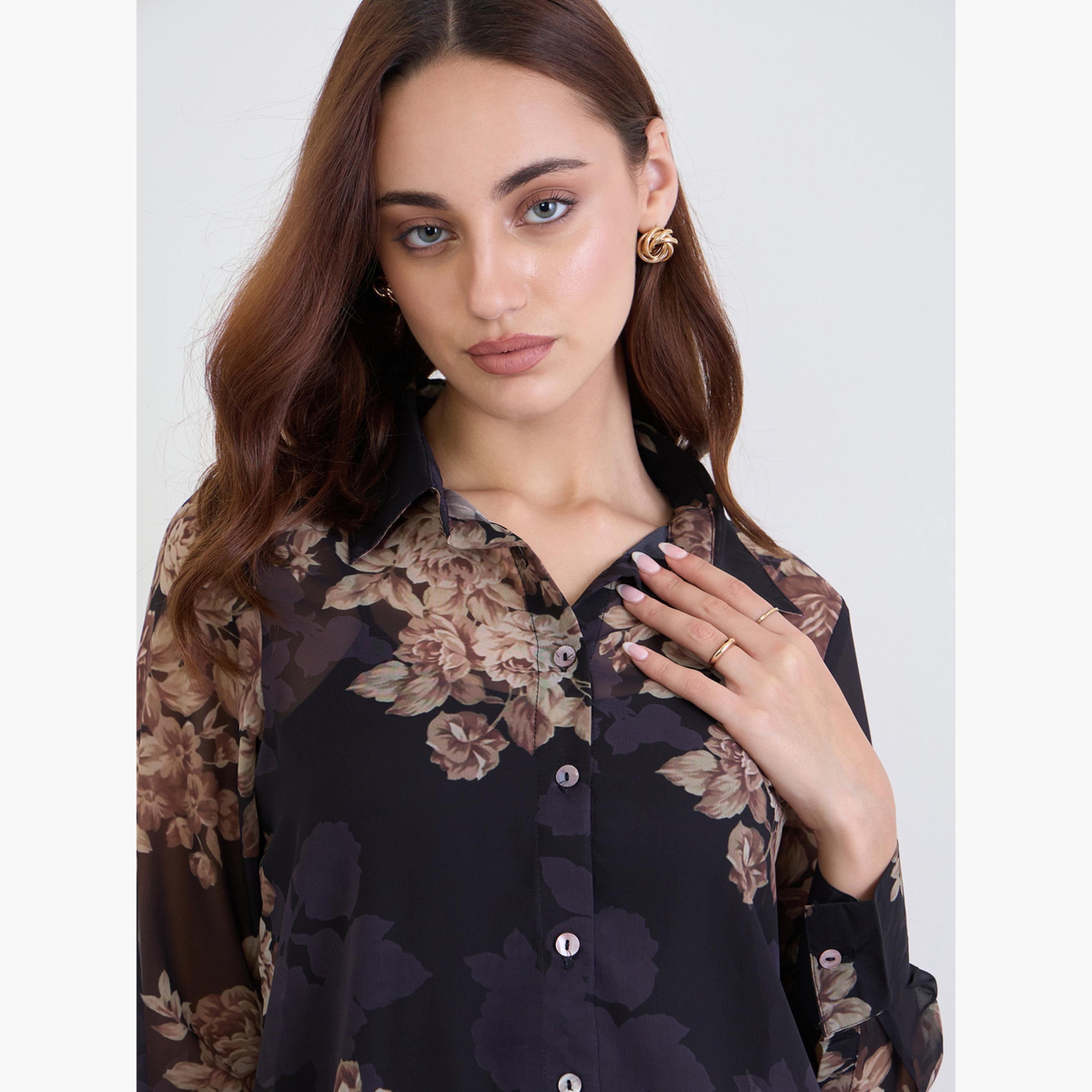 ستايلي - قميص شيفون أسود بطبعة زهور-women-clothing-shirtsandblouses-shirts-image-4