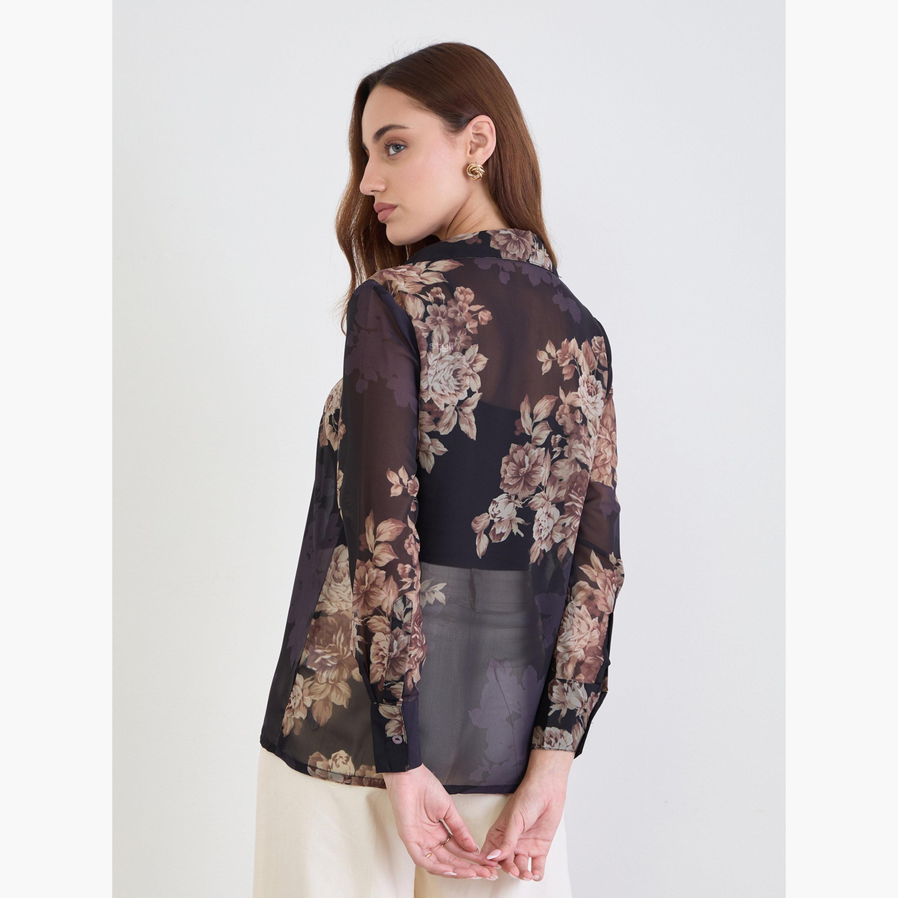 ستايلي - قميص شيفون أسود بطبعة زهور-women-clothing-shirtsandblouses-shirts-image-5