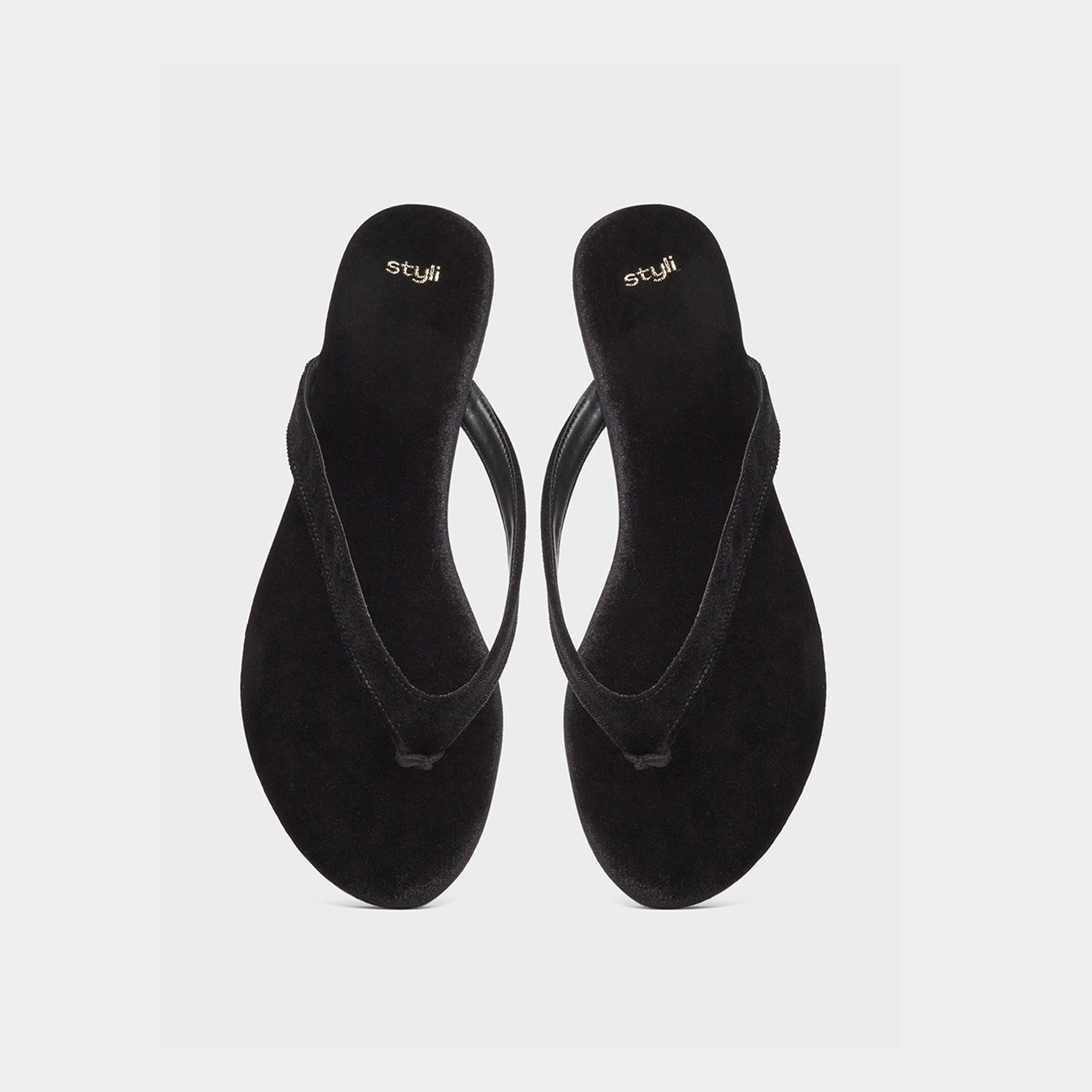 Styli Women Black Velvet Look Flat Sandals-women-shoes-flipflopsandslides-image-6