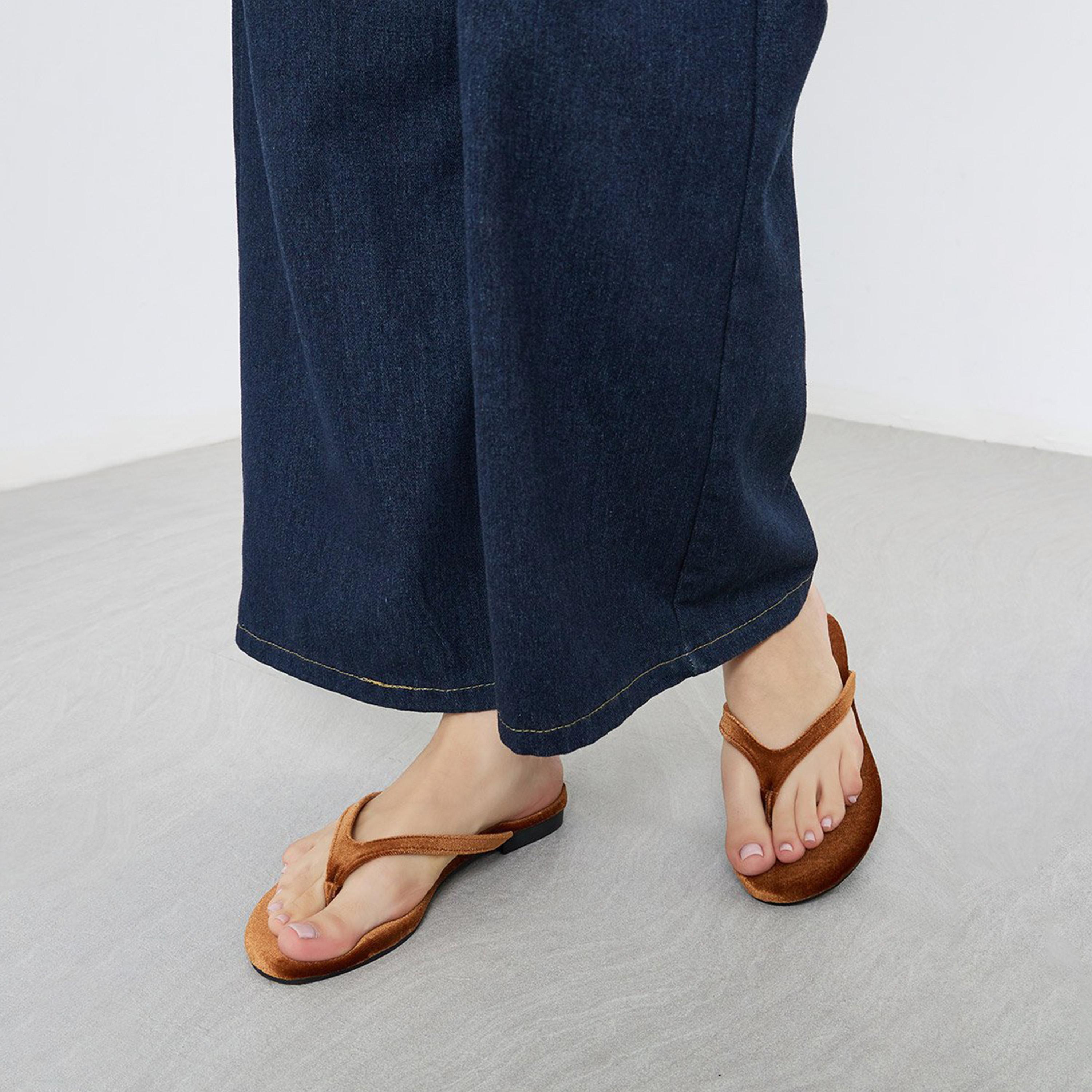 Styli Women Tan Velvet Look Flat Sandals-women-shoes-flipflopsandslides-image-2