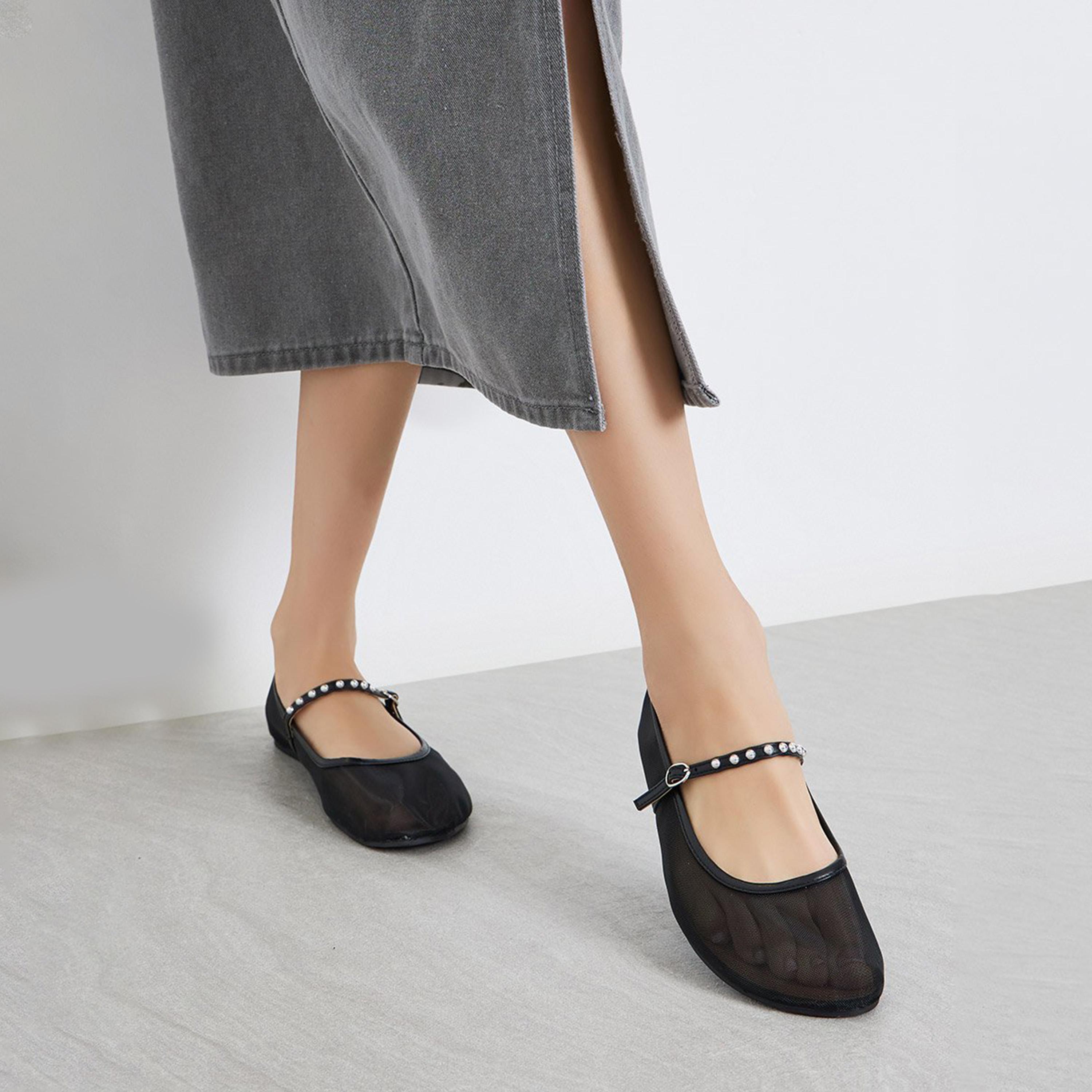 Styli Women Black Mesh Mary Jane Flats-women-shoes-ballerinas-image-2