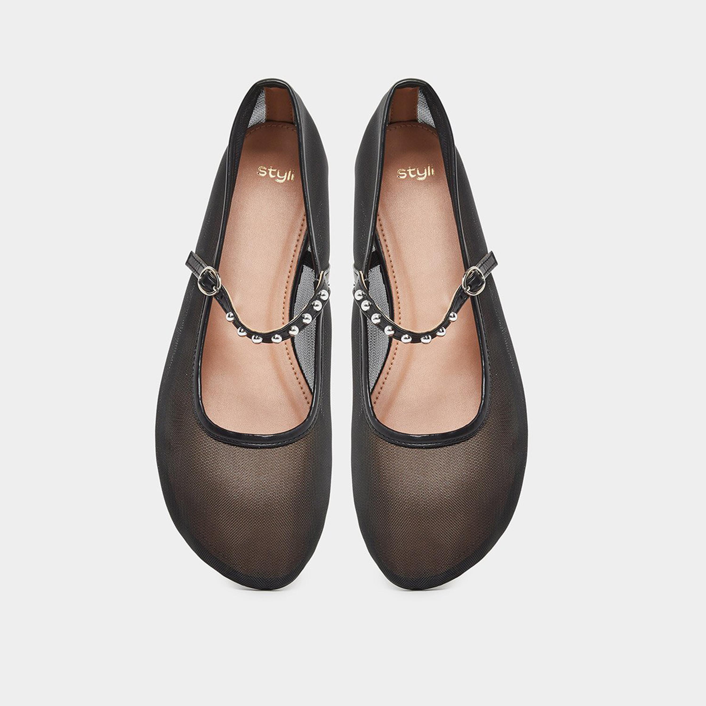 ستايلي - حذاء ماري جين مسطح من القماش الشبكي الأسود-women-shoes-ballerinas-image-6
