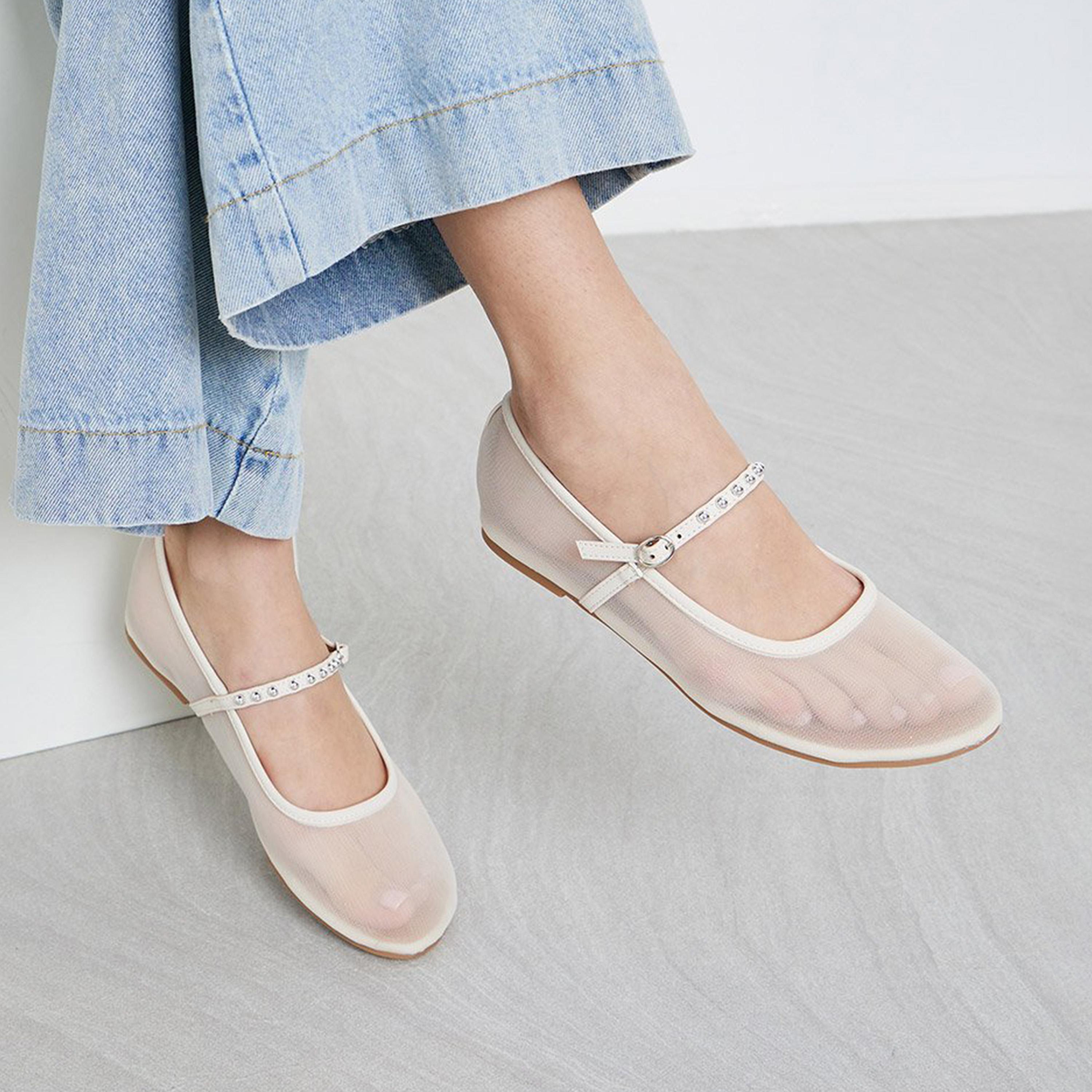 ستايلي - حذاء ماري جين مسطح شبكي بيج-women-shoes-ballerinas-image-2