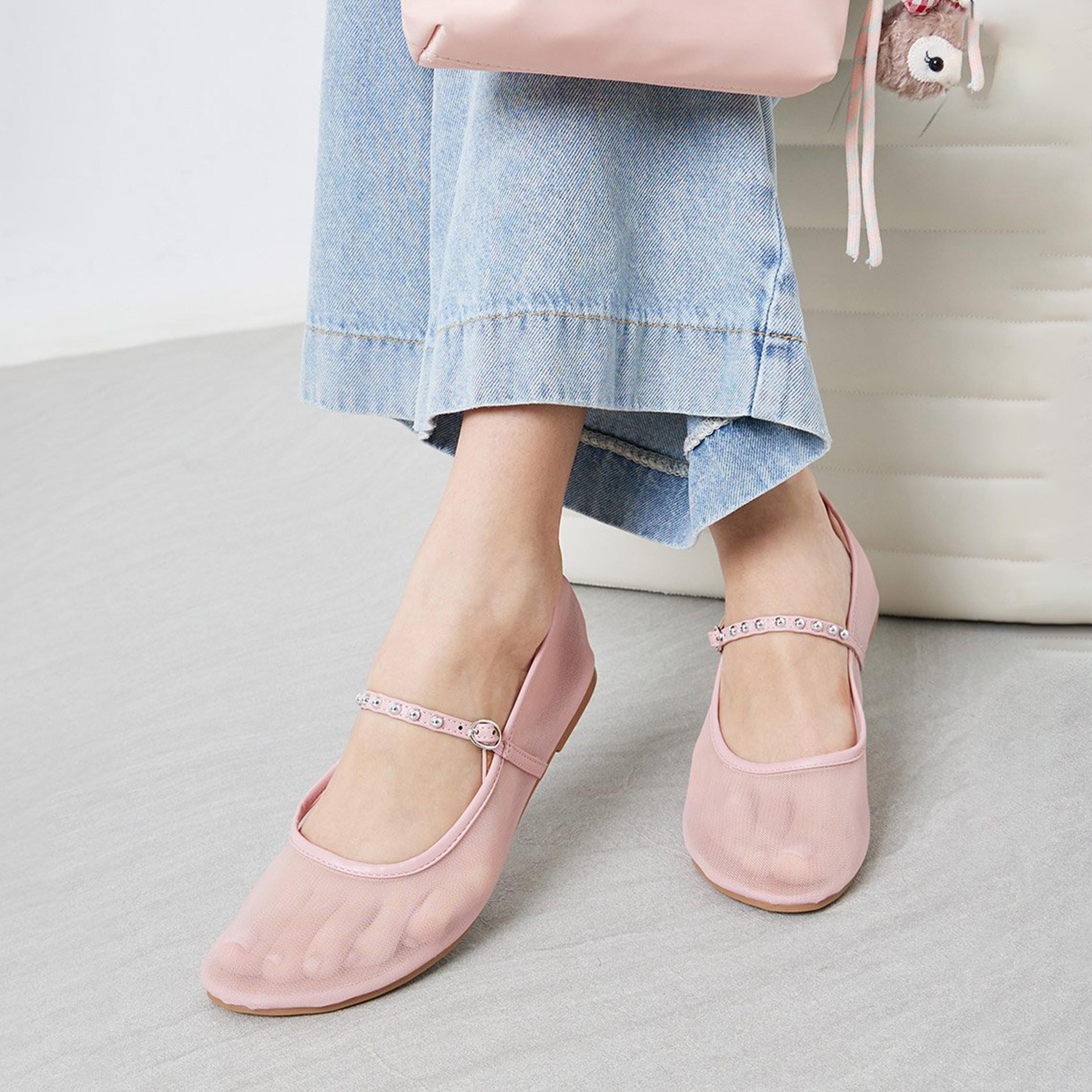 Styli Women Pink Mesh Mary Jane Flats-women-shoes-ballerinas-image-2