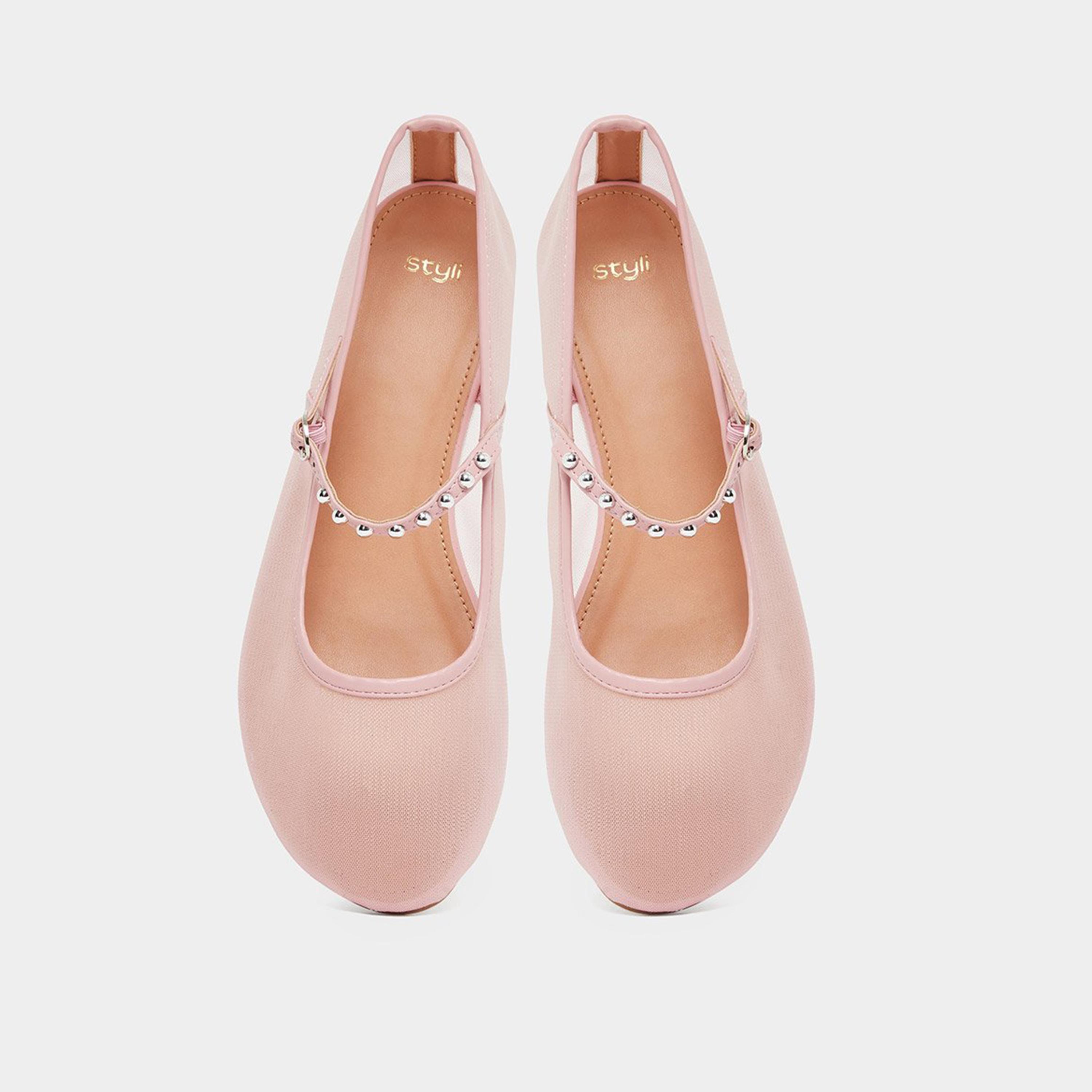 ستايلي - حذاء ماري جين مسطح من القماش الشبكي لون وردي-women-shoes-ballerinas-image-6